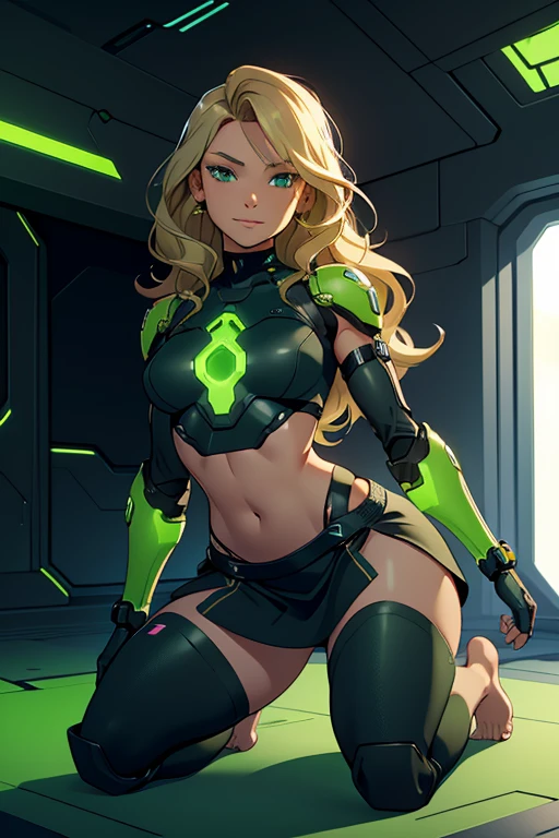 A beautiful, young, barefoot cyborg woman, wearing skintight cybernetic technological black and green body armor top with a skirt, bare midriff, with short blonde wavy hair, in a futuristic room, squatting, happy facial expression.