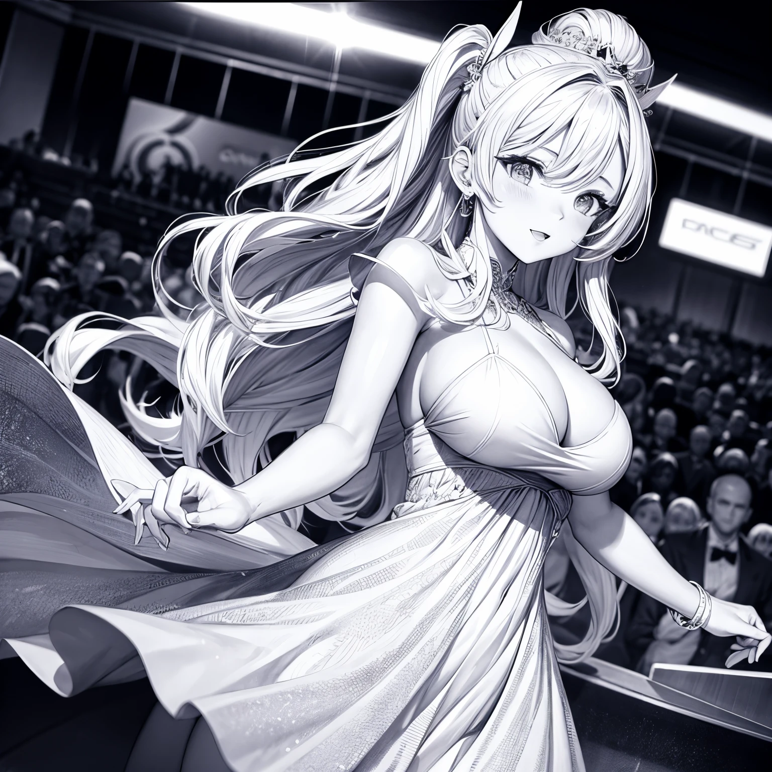 Line Art, Beautiful busty announcer wearing a dress