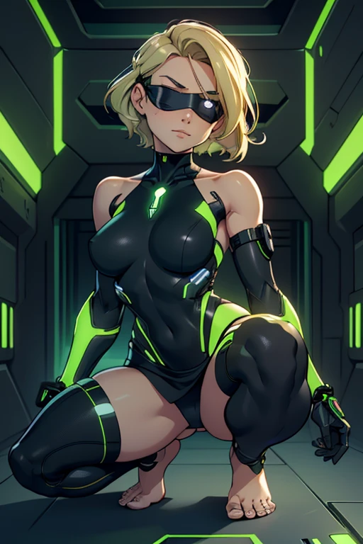 A beautiful, young, barefoot topless cyborg woman, wearing skintight cybernetic technological black and green  equipment with a skirt, a black blindfold, cybernetic arm protheses, with short blonde wavy hair, in a futuristic room, squatting, happy facial expression.