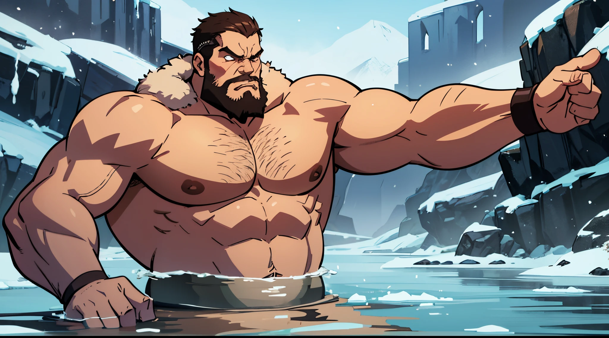 A student (named Arne) big 220 pound men Viking type, with brown beards and bold , athletic half naked, looking angry. is doing an ice plunge in the winter in a frozen river