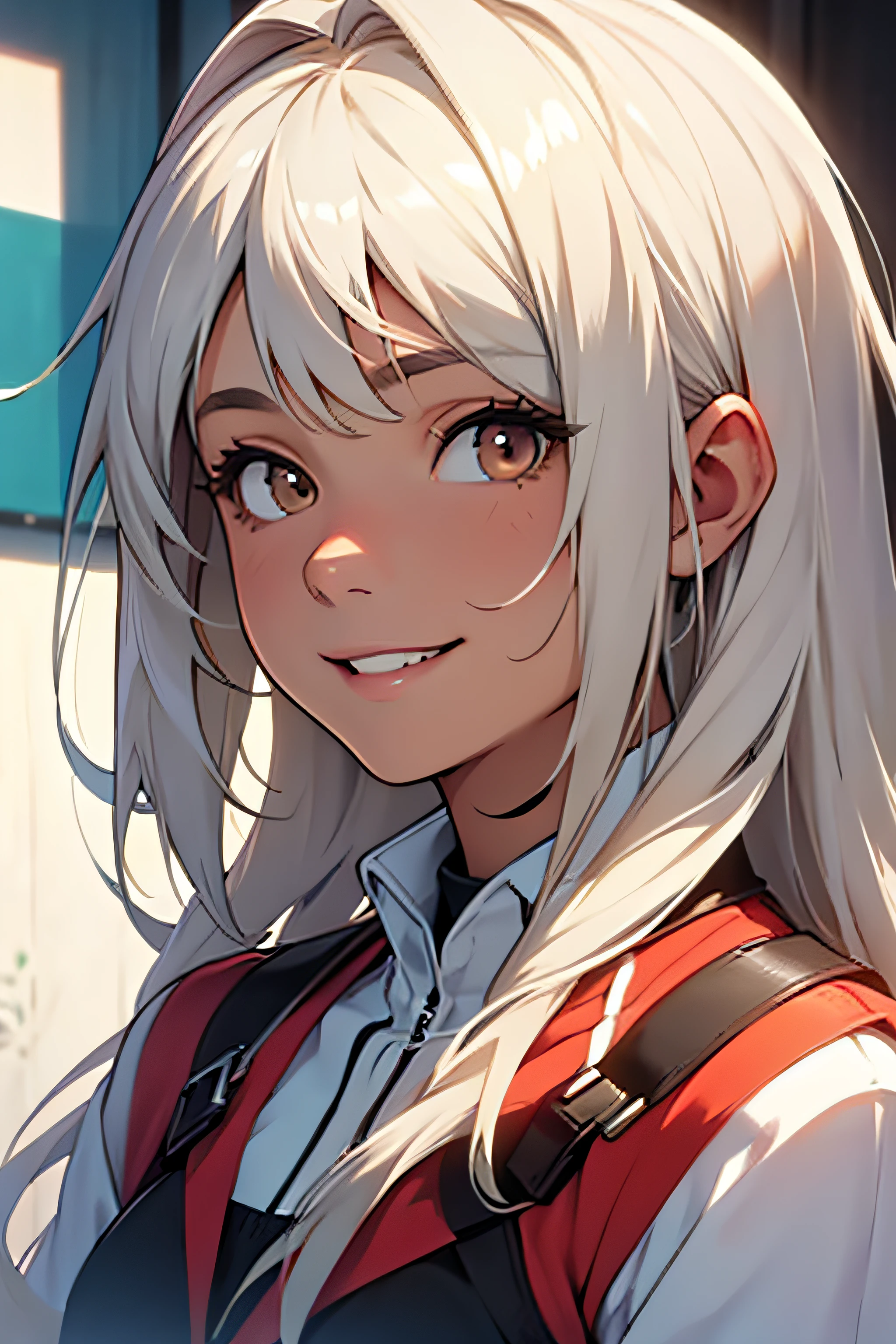 pretty Spanish girl. brown eyes white hair looking up to the side with a nice smile