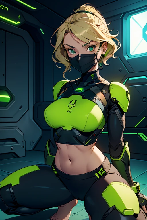 A beautiful, young, barefoot cyborg woman, wearing skintight cybernetic technological black and green body armor top with a skirt, bare midriff, with short blonde wavy hair, in a futuristic room, squatting, facemask.