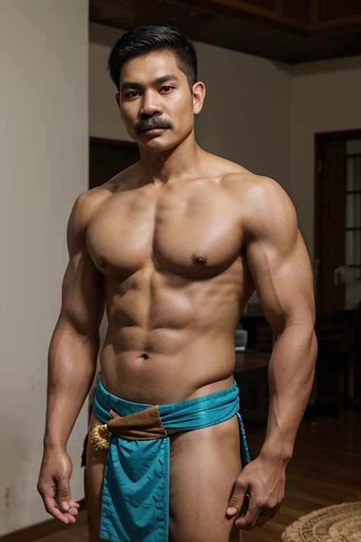 A young Thai father with a muscular body and mustache wearing a loincloth.