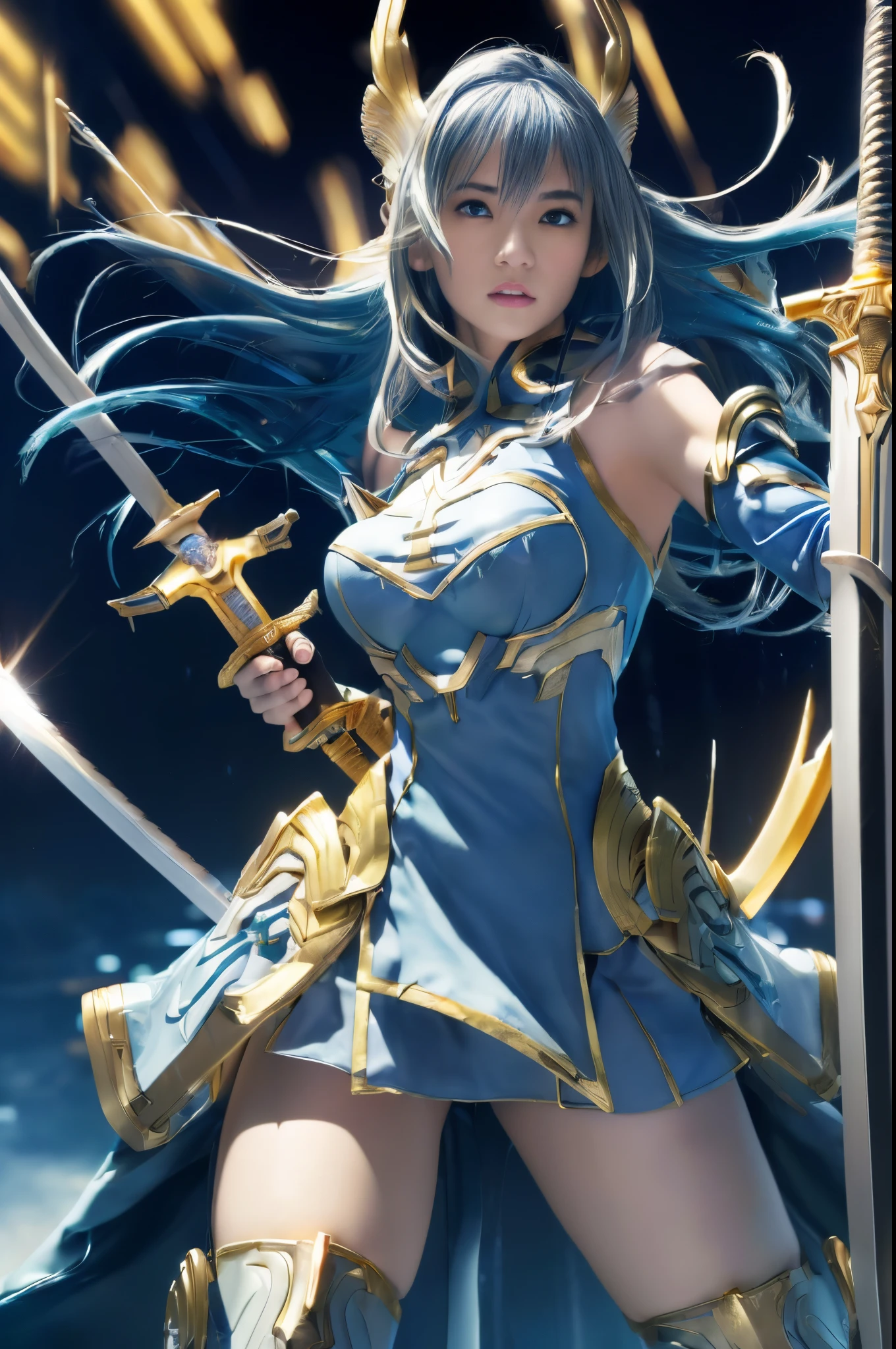 (((RAW image quality:1.4)))top-quality、​masterpiece、超A high resolution、(Photorealsitic:1.4)、1人、Light blue hair、Straight hair, shiny and clean hair、White shiny skin、Colossal tits、cleavage of the breast、Sexy Cyberpunk Girl、((super realistic details))、((Battle pose with long sword:1.4))、Blue glowing sword、Slashing、Shadow、octan render、ultrasharp、hyperdetailed face、Fiberglass、Luminous tube、highly intricate detail、Realistic light、CGSoation Trends、((Golden Eyes))、(Facing the camera)、neon details、armor、cosmic background、Rat trail section、((valkyrie))、((Beam Cannon))