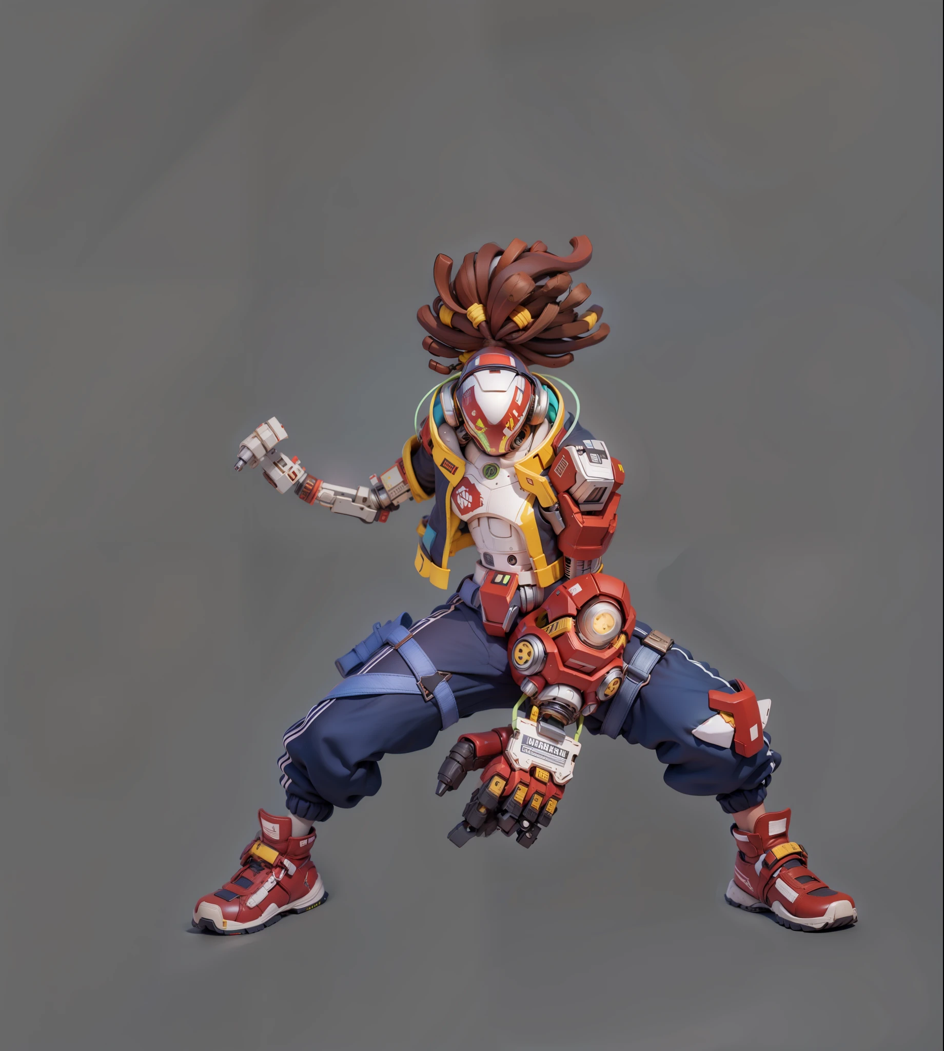 ((Best quality)), ((tmasterpiece)), (The content is very detailed:1.3), 3D,full-body portraits,Dirty braids,machine arm,droid,track pants,Ajie