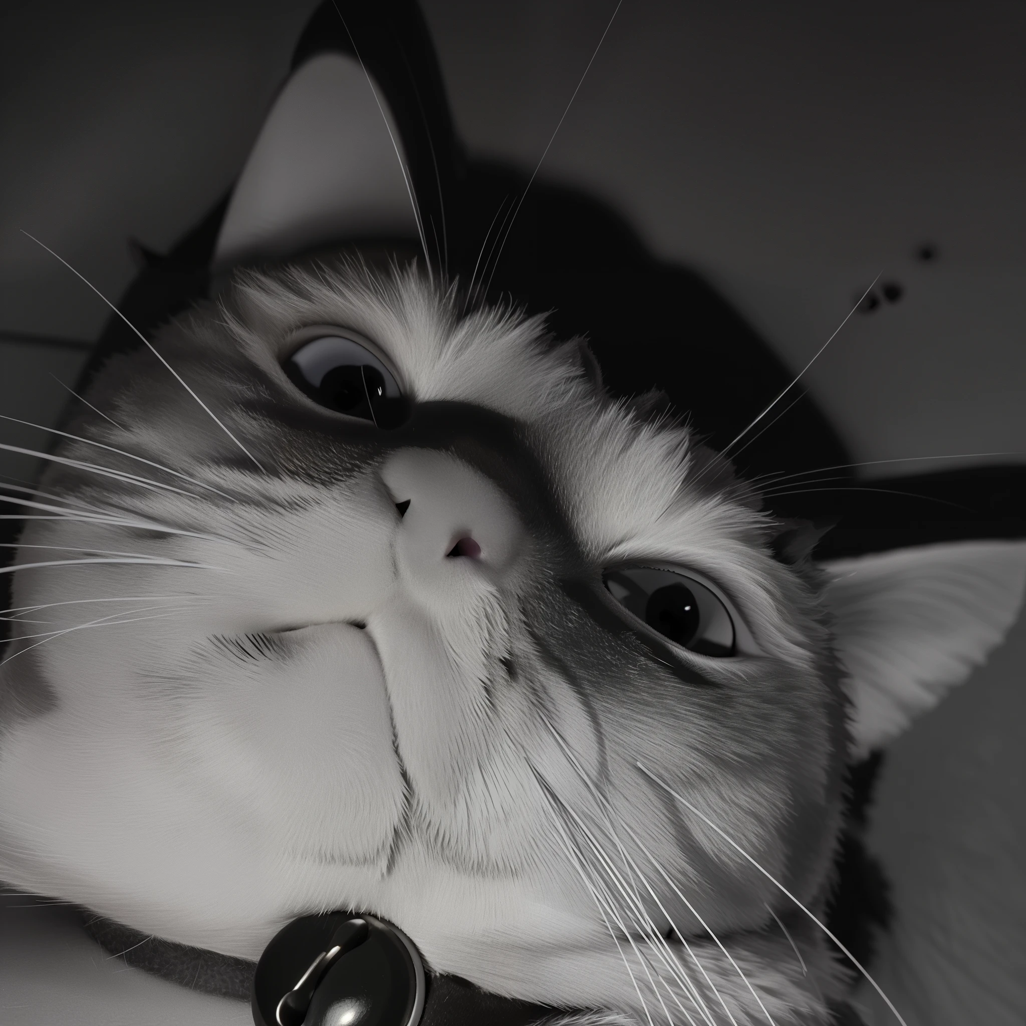 araffe cat with a collar and a bell on its neck, looking up at the camera, looking up at camera, staring in the camera, is looking at the camera, staring!!!!! into the camera, glaring at the camera, taken with a leica camera, stares at the camera, camera angle looking up at her, looking directly at the camera, cat photo