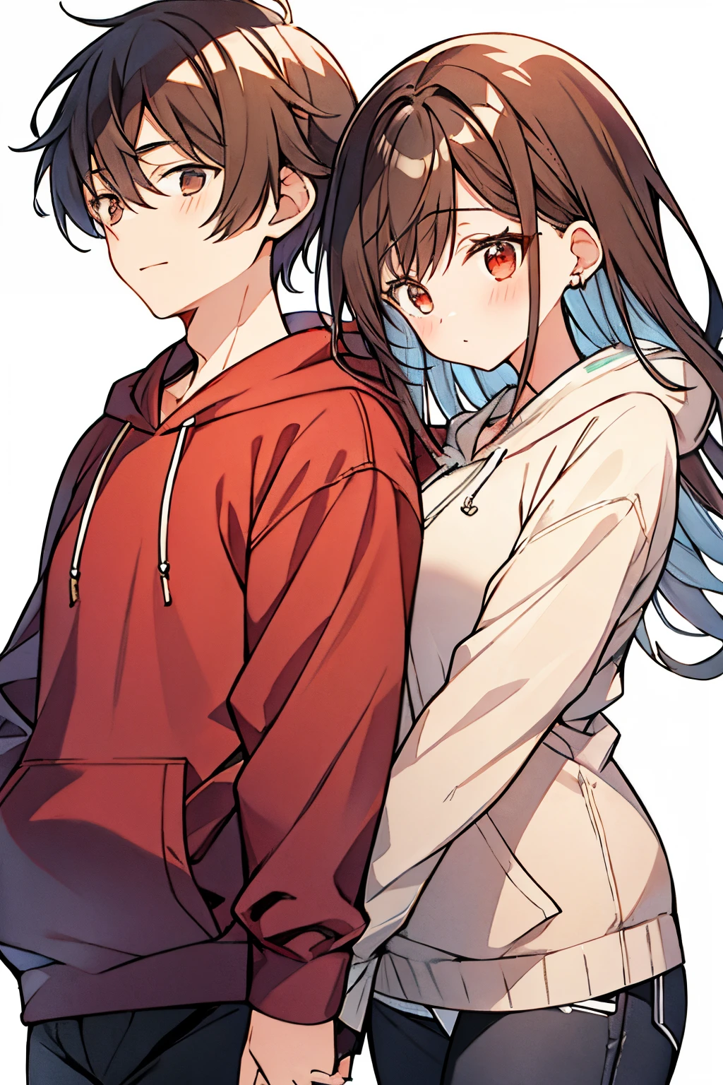 simple background、(masutepiece、Masterpiece、cute little、8K)4K: Friendly mature couple. man with dark red hair and red eyes, Red Hoodie、Eta、Woman with graceful brown hair and charming brown eyes,The woman was wearing a light blue hoodie."