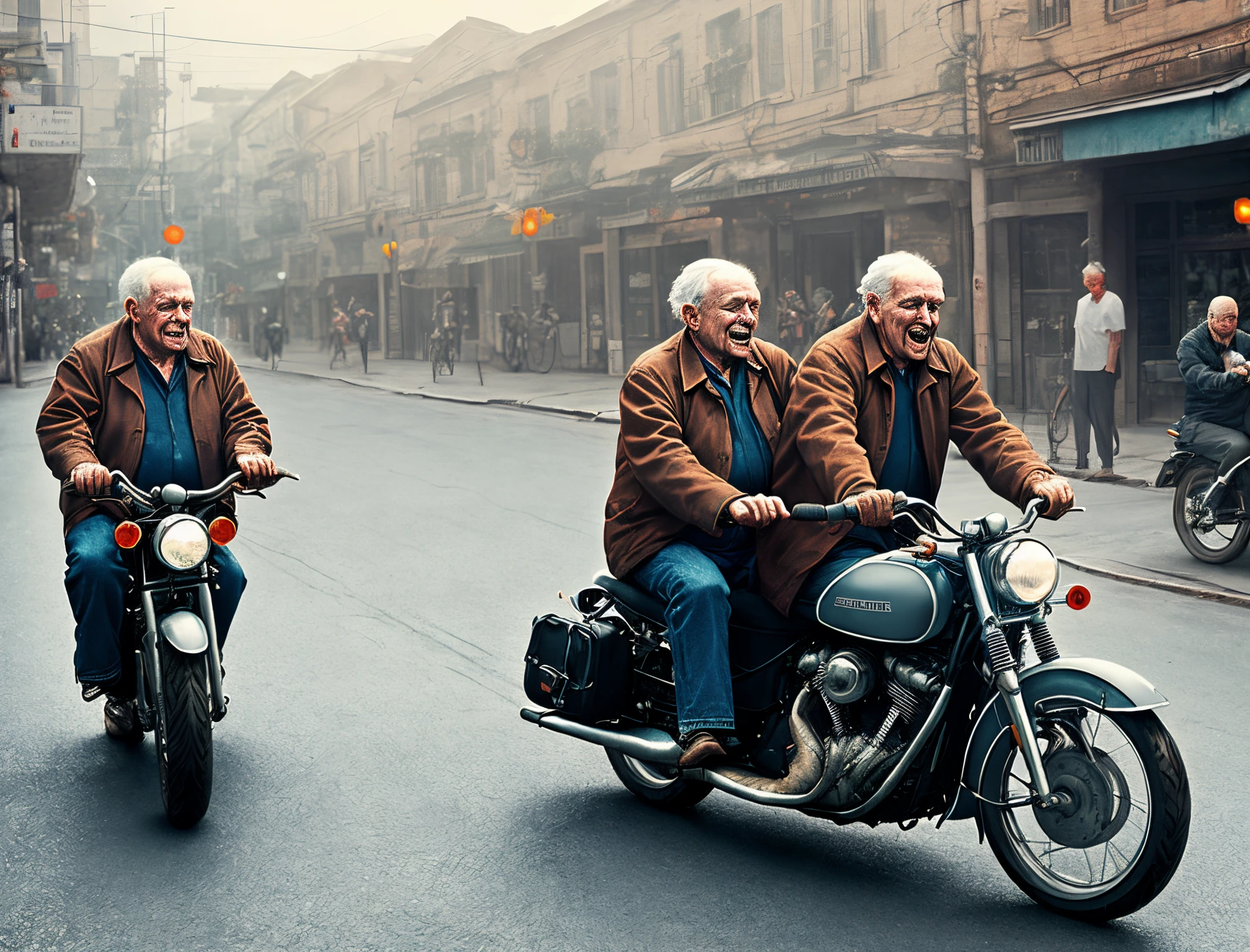 Old men riding a motocycle, ambient colors, crying expression