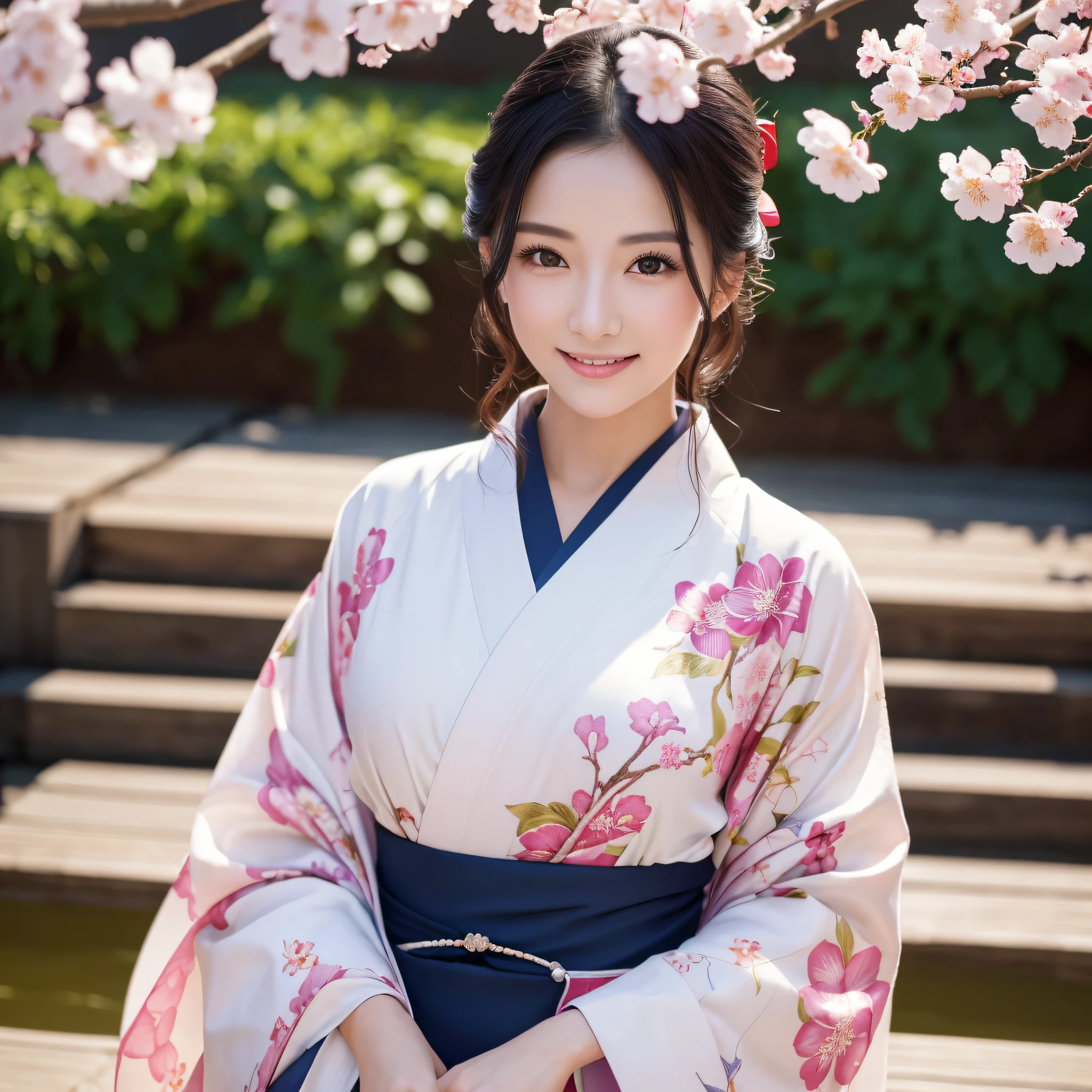 (Super beautiful woman in kimono)、((best qualtiy、8k masterpieces:1.3))、foco nítido:1.2、(ultra beautiful faces:1.0)、(shinny skin:1.0)、photos realistic、A dark-haired、Video Lighting、High-definition eyes and face、Video Lighting、Japanese actressl、from the front side、medium breasts、With a happy smile、Slender Abs Beauty、Whole body、wearing kimonos、cherry blossom in full bloom、luxury obi