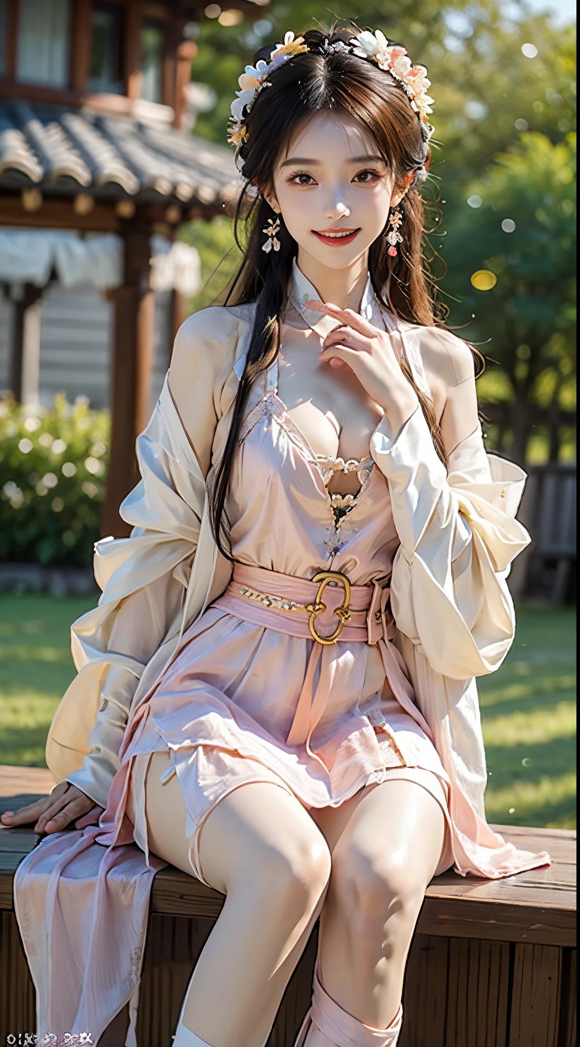 ((knee shot)), Shot from a random perspective, ((actual)), 1 Asian female model, A young girl, (closeup cleavage), the night, themoon, (In the gazebo, Stand up, standing on your feet, Leaning against the guardrail), Pleasing posture, Various postures attract attention, Flirting skirts, detailed scene, slender leg, curlies, hair pin, beautiful hair ornaments, Brownish-yellow hair, light make-up, blush blush, gloss on the lips, (Hanfu), ((White flower hanfu, draped in silk, DEEP-V COLLAR, high-waist, nice belt)), (white colors, Light yellow, light pink, cyan colors), ((warmly lit, Warm color palette)), (Extremely high color saturation), detailed detail, ultra - detailed, (tmasterpiece, Best quality), (An extremely delicate and beautiful work), elaborate earrings, delicatenecklace, simple blurr background, Extremely detailed description, Ultra-fine painting, s delicate face, slim toned body, Slimming the waist, (happy grin), (Anatomical correct)