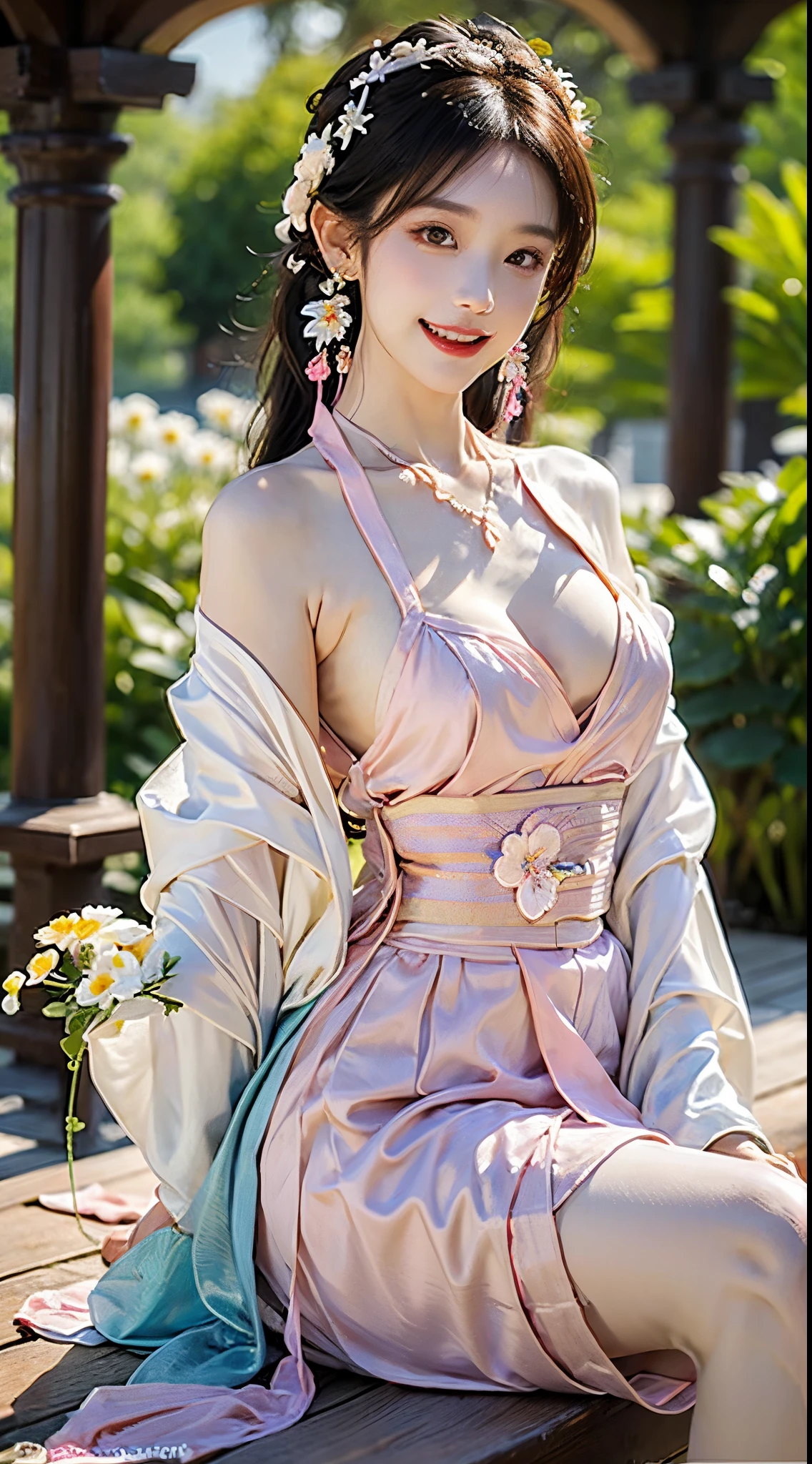 ((knee shot)), Shot from a random perspective, ((actual)), 1 Asian female model, A young girl, (closeup cleavage), the night, themoon, (In the gazebo, Leaning against the guardrail), Pleasing posture, Various postures attract attention, Flirting skirts, detailed scene, slender leg, curlies, hair pin, beautiful hair ornaments, Brownish-yellow hair, light make-up, blush blush, gloss on the lips, (Hanfu), ((White flower hanfu, draped in silk, DEEP-V COLLAR, high-waist, nice belt)), (white colors, Light yellow, light pink, cyan colors), ((warmly lit, Warm color palette)), (Extremely high color saturation), detailed detail, ultra - detailed, (tmasterpiece, Best quality), (An extremely delicate and beautiful work), elaborate earrings, delicatenecklace, simple blurr background, Extremely detailed description, Ultra-fine painting, s delicate face, slim toned body, Slimming the waist, (happy grin), (Anatomical correct)