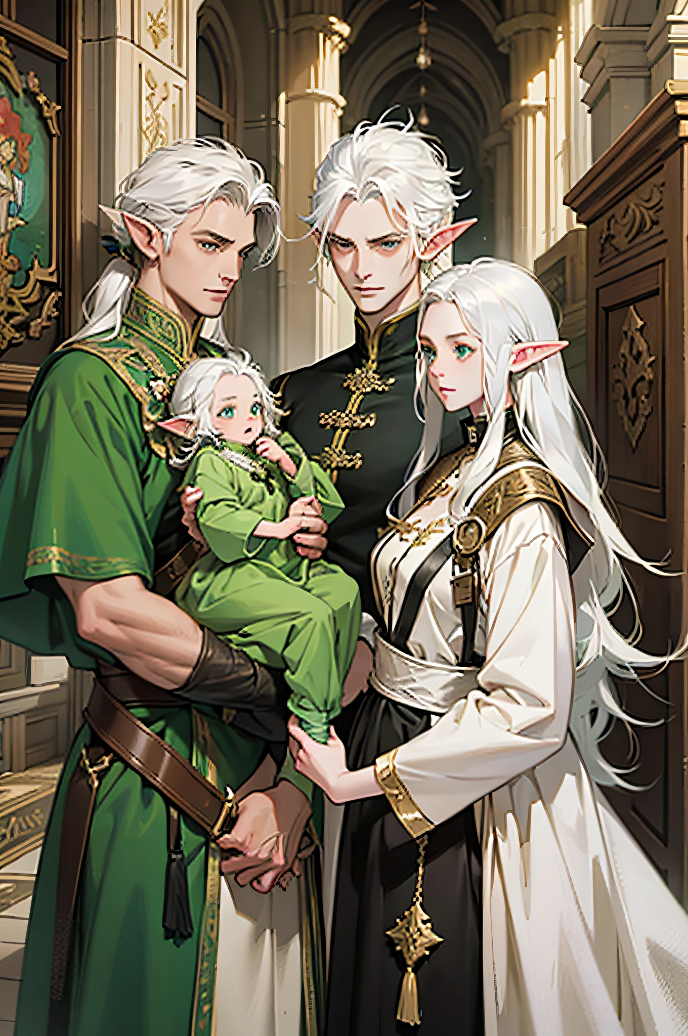 Dungeons and dragons character, character reference, elves family, long hair, white hair, fantasy, elf ears, green clothes, magic,