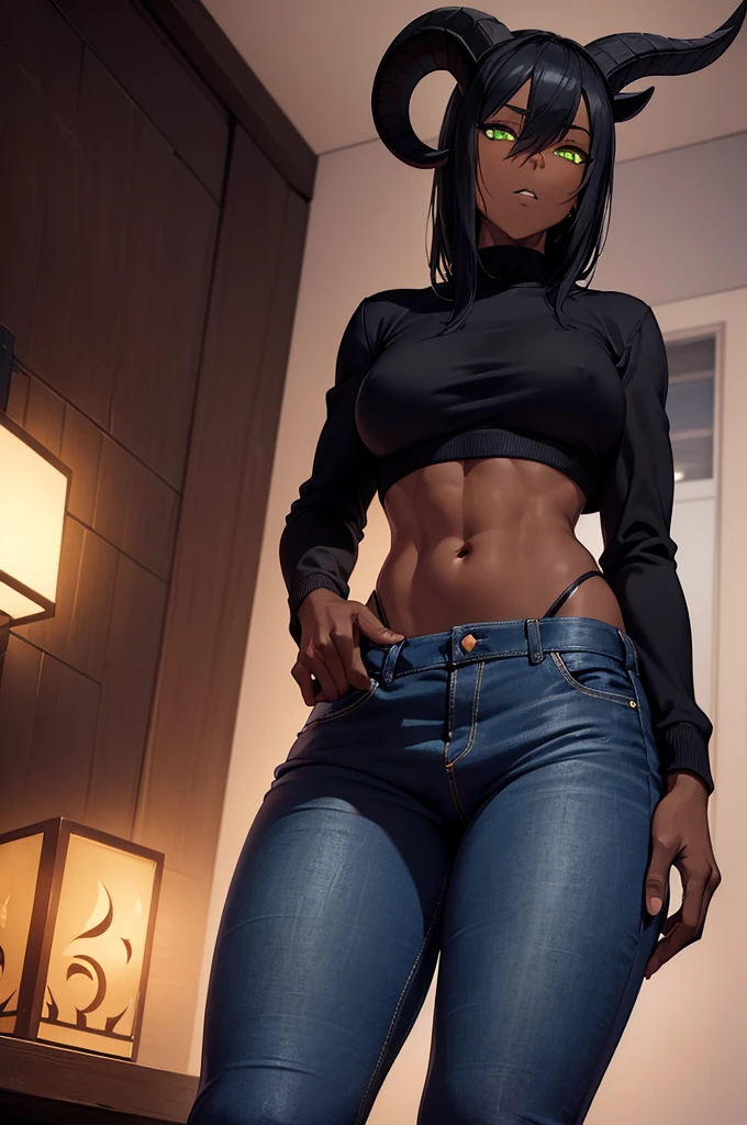 (Masterpiece) (High Detail) (High Res) (Black Skin) Looking from below A tall black humanoid FutEred  with dark skin and ebony flesh and green eyes and short black hair and half her head shaved and goat ears and short dark goat horns and a toned body and average to small breasts and wearing a jacket and jeans with a crotch bulge