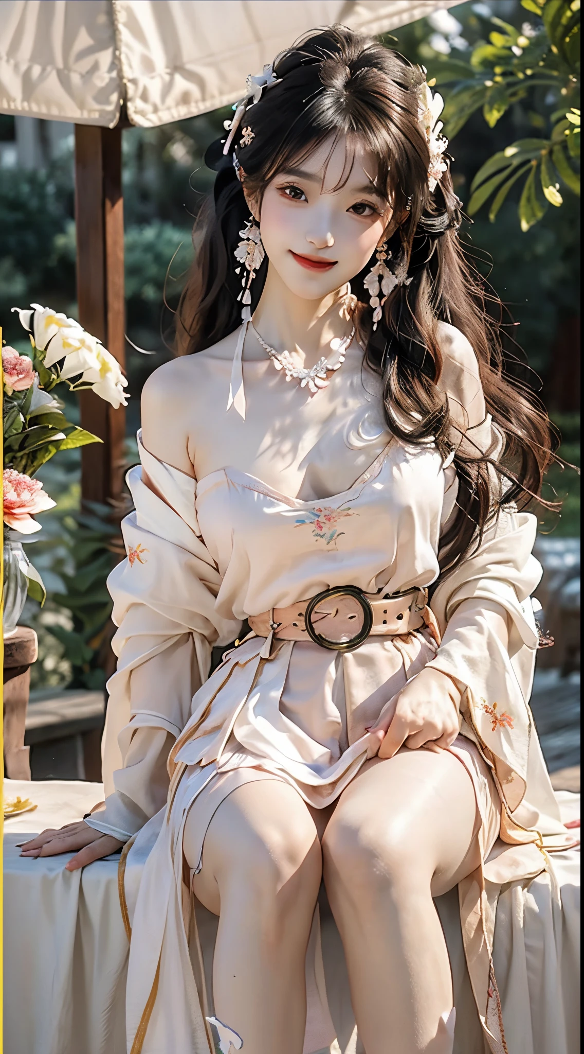 ((knee shot)), Shot from a random perspective, ((actual)), 1 Asian female model, A young girl, (closeup cleavage), the night, themoon, (In the gazebo, Leaning against the guardrail), Pleasing posture, Various postures attract attention, Flirting skirts, detailed scene, slender leg, curlies, hair pin, beautiful hair ornaments, Brownish-yellow hair, light make-up, blush blush, gloss on the lips, (Hanfu), ((White flower hanfu, draped in silk, DEEP-V COLLAR, high-waist, nice belt)), (white colors, Light yellow, light pink, cyan colors), ((warmly lit, Warm color palette)), (Extremely high color saturation), detailed detail, ultra - detailed, (tmasterpiece, Best quality), (An extremely delicate and beautiful work), elaborate earrings, delicatenecklace, simple blurr background, Extremely detailed description, Ultra-fine painting, s delicate face, slim toned body, Slimming the waist, (happy grin), (Anatomical correct)