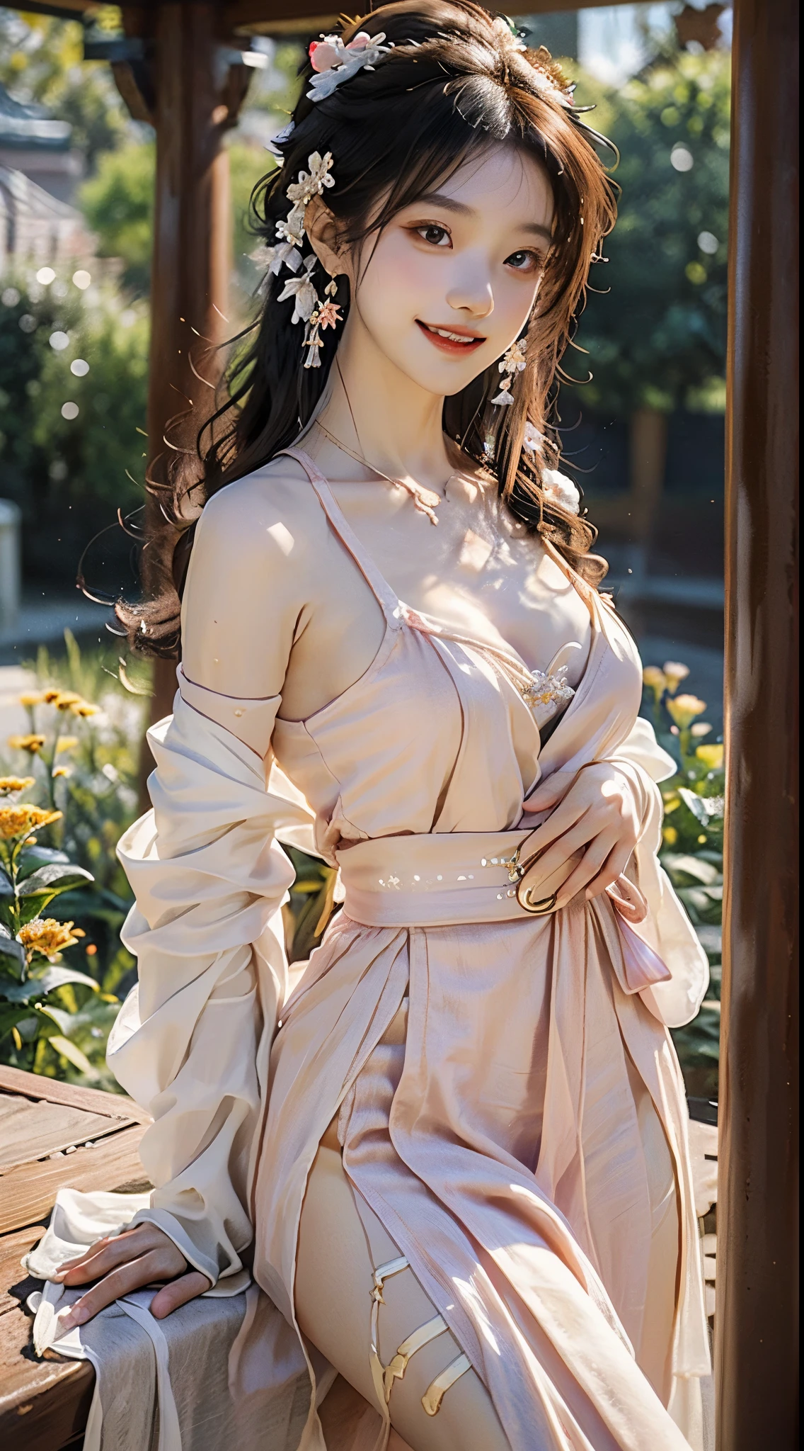 ((knee shot)), Shot from a random perspective, ((actual)), 1 Asian female model, A young girl, (closeup cleavage), the night, themoon, (In the gazebo, Leaning against the guardrail), Pleasing posture, Various postures attract attention, Flirting skirts, detailed scene, slender leg, curlies, hair pin, beautiful hair ornaments, Brownish-yellow hair, light make-up, blush blush, gloss on the lips, (Hanfu), ((White flower hanfu, draped in silk, DEEP-V COLLAR, high-waist, nice belt)), (white colors, Light yellow, light pink, cyan colors), ((warmly lit, Warm color palette)), (Extremely high color saturation), detailed detail, ultra - detailed, (tmasterpiece, Best quality), (An extremely delicate and beautiful work), elaborate earrings, delicatenecklace, simple blurr background, Extremely detailed description, Ultra-fine painting, s delicate face, slim toned body, Slimming the waist, (happy grin), (Anatomical correct)