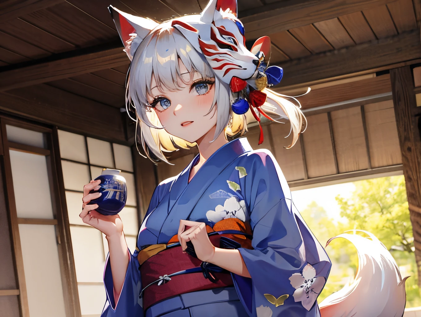 A girl in a yukata wearing a fox mask