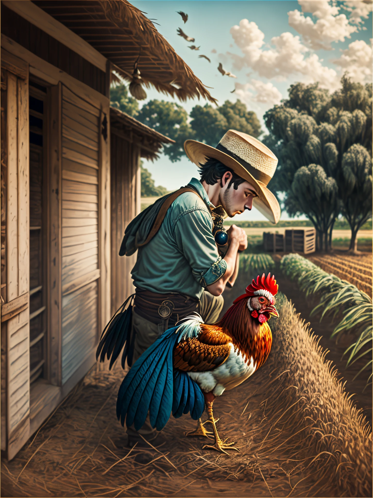 HD quality, high definition, male 18 years old handsome, muscular and slim, red lips, leaning against haystack, naked with exposed penis crotch, side view, model with bracelets, earrings and choker necklace, a farmer's hat, open vest, wearing sunglasses fully nude and naked body, eyebrowse angry, wearing shoes, sexy and seductive, pleasure sex, in the farm