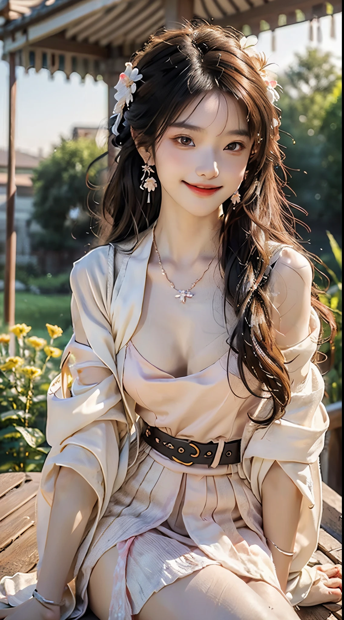 ((knee shot)), Shot from a random perspective, ((actual)), 1 Asian female model, A young girl, (closeup cleavage), the night, themoon, (In the gazebo, Leaning against the guardrail), Pleasing posture, Various postures attract attention, Flirting skirts, detailed scene, slender leg, curlies, hair pin, beautiful hair ornaments, Brownish-yellow hair, light make-up, blush blush, gloss on the lips, (Hanfu), ((White flower hanfu, draped in silk, DEEP-V COLLAR, high-waist, nice belt)), (white colors, Light yellow, light pink, cyan colors), ((warmly lit, Warm color palette)), (Extremely high color saturation), detailed detail, ultra - detailed, (tmasterpiece, Best quality), (An extremely delicate and beautiful work), elaborate earrings, delicatenecklace, simple blurr background, Extremely detailed description, Ultra-fine painting, s delicate face, slim toned body, Slimming the waist, (happy grin), (Anatomical correct)