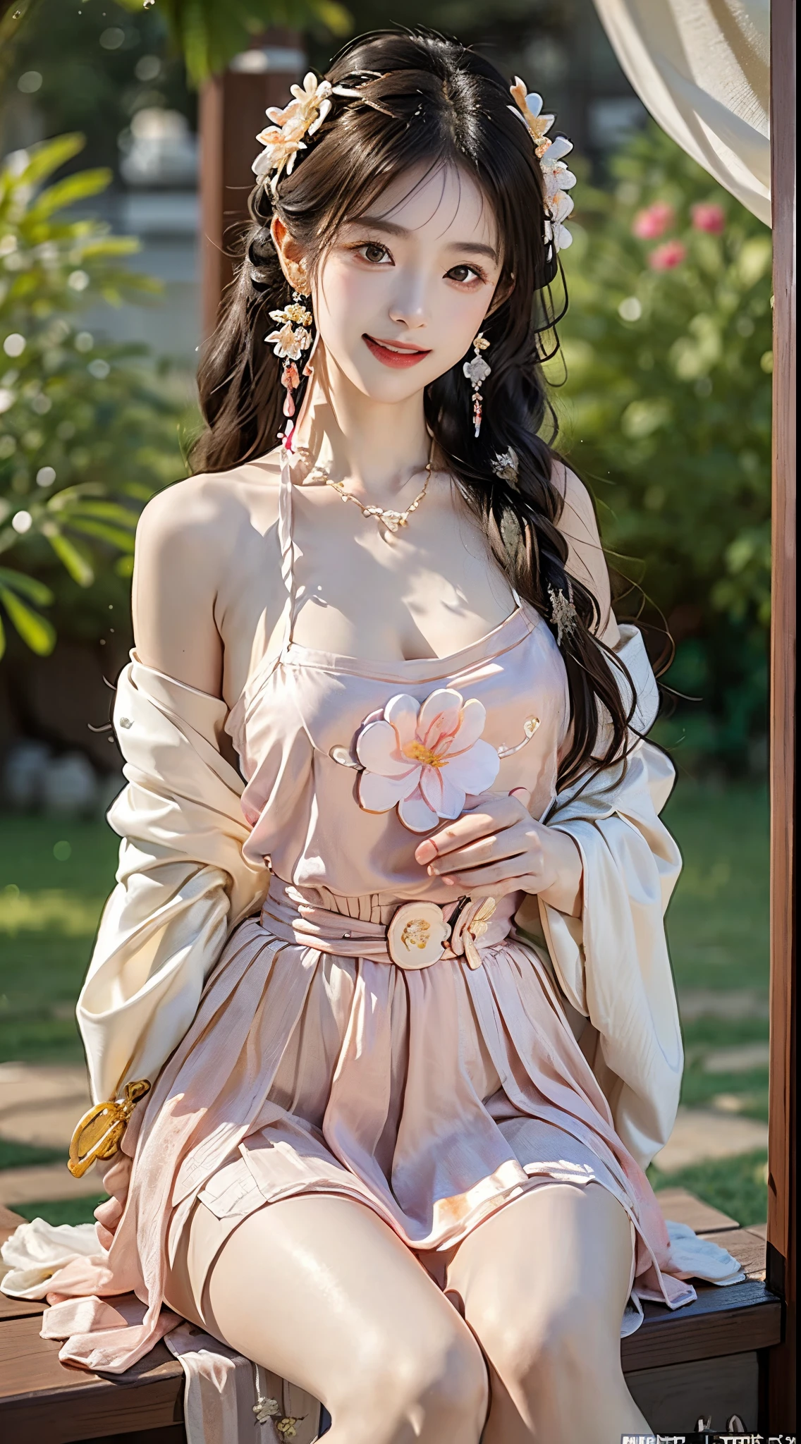 ((knee shot)), Shot from a random perspective, ((actual)), 1 Asian female model, A young girl, (closeup cleavage), the night, themoon, (In the gazebo, Leaning against the guardrail), Pleasing posture, Various postures attract attention, Flirting skirts, detailed scene, slender leg, curlies, hair pin, beautiful hair ornaments, Brownish-yellow hair, light make-up, blush blush, gloss on the lips, (Hanfu), ((White flower hanfu, draped in silk, DEEP-V COLLAR, high-waist, nice belt)), (white colors, Light yellow, light pink, cyan colors), ((warmly lit, Warm color palette)), (Extremely high color saturation), detailed detail, ultra - detailed, (tmasterpiece, Best quality), (An extremely delicate and beautiful work), elaborate earrings, delicatenecklace, simple blurr background, Extremely detailed description, Ultra-fine painting, s delicate face, slim toned body, Slimming the waist, (happy grin), (Anatomical correct)