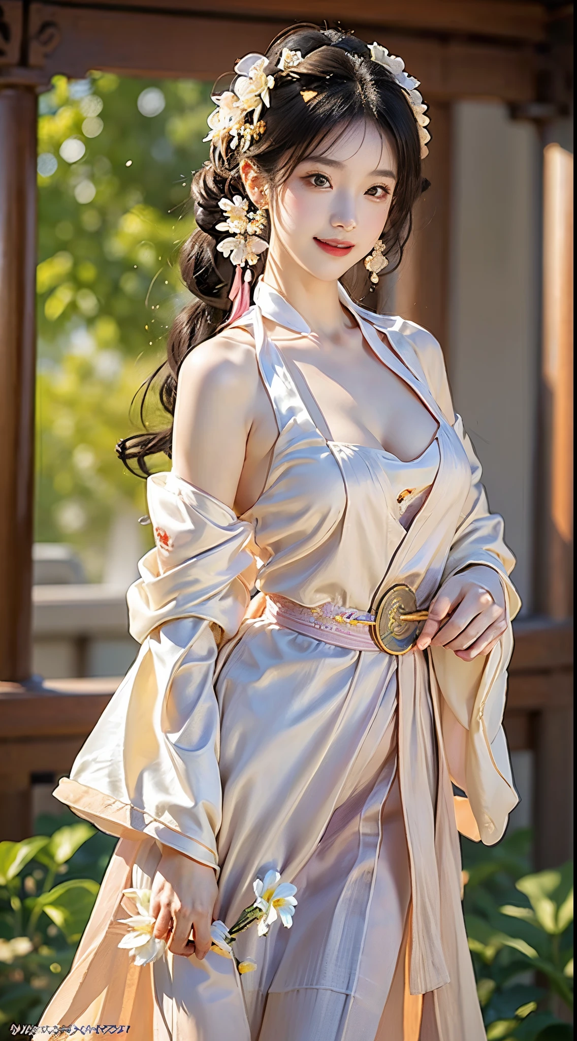 ((knee shot)), Shot from a random perspective, ((actual)), 1 Asian female model, A young girl, (closeup cleavage), the night, themoon, (In the gazebo, Stand up, standing on your feet, Leaning against the guardrail), Pleasing posture, Various postures attract attention, Flirting skirts, detailed scene, slender leg, curlies, hair pin, beautiful hair ornaments, Brownish-yellow hair, light make-up, blush blush, gloss on the lips, (Hanfu), ((White flower hanfu, draped in silk, DEEP-V COLLAR, high-waist, nice belt)), (white colors, Light yellow, light pink, cyan colors), ((warmly lit, Warm color palette)), (Extremely high color saturation), detailed detail, ultra - detailed, (tmasterpiece, Best quality), (An extremely delicate and beautiful work), elaborate earrings, delicatenecklace, simple blurr background, Extremely detailed description, Ultra-fine painting, s delicate face, slim toned body, Slimming the waist, (happy grin), (Anatomical correct)
