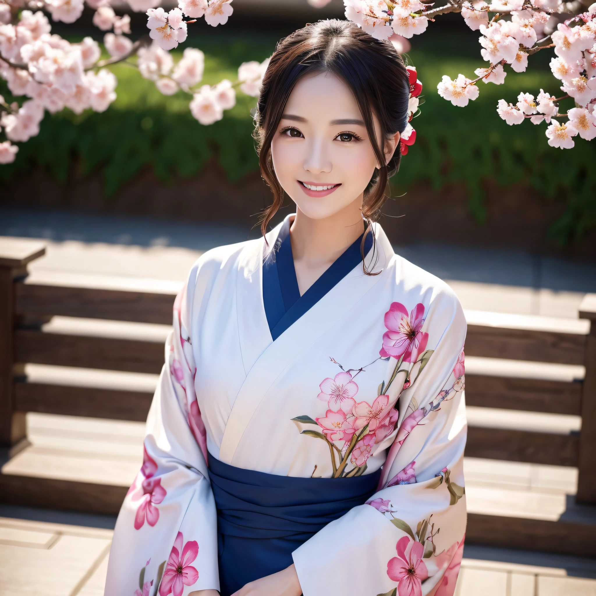 (Super beautiful woman in kimono)、((highest quality、8K masterpiece:1.3))、sharp focus:1.2、(super beautiful face:1.0)、(shiny skin:1.0)、realistic pictures、black hair、video lighting、High resolution eyes and face、video lighting、japanese actress、from the front、big breasts、with a happy smile、Slender abs beauty、whole body、wearing a kimono、cherry blossom in full bloom、luxury obi