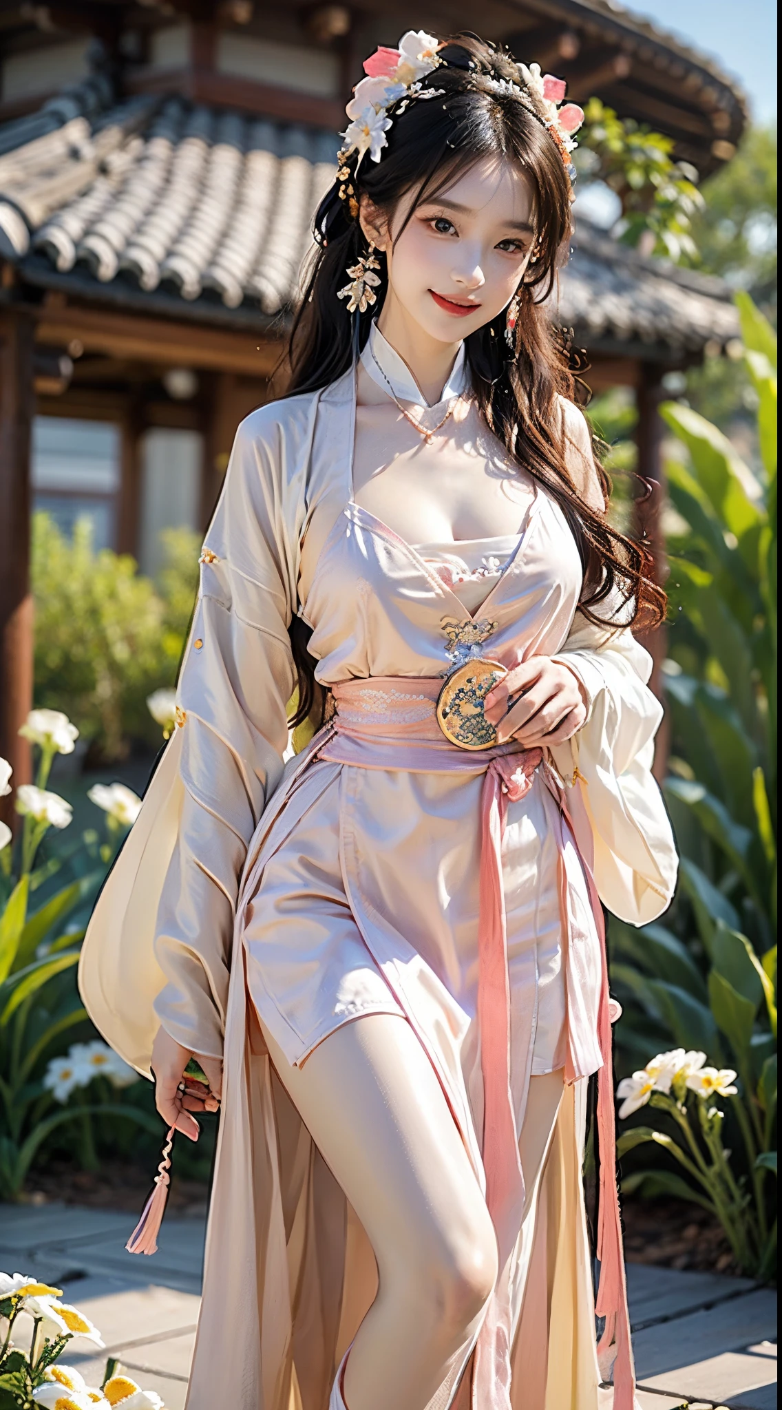 ((knee shot)), Shot from a random perspective, ((actual)), 1 Asian female model, A young girl, (closeup cleavage), the night, themoon, (In the gazebo, Stand up, standing on your feet, Leaning against the guardrail), Pleasing posture, Various postures attract attention, Flirting skirts, detailed scene, slender leg, curlies, hair pin, beautiful hair ornaments, Brownish-yellow hair, light make-up, blush blush, gloss on the lips, (Hanfu), ((White flower hanfu, draped in silk, DEEP-V COLLAR, high-waist, nice belt)), (white colors, Light yellow, light pink, cyan colors), ((warmly lit, Warm color palette)), (Extremely high color saturation), detailed detail, ultra - detailed, (tmasterpiece, Best quality), (An extremely delicate and beautiful work), elaborate earrings, delicatenecklace, simple blurr background, Extremely detailed description, Ultra-fine painting, s delicate face, slim toned body, Slimming the waist, (happy grin), (Anatomical correct)