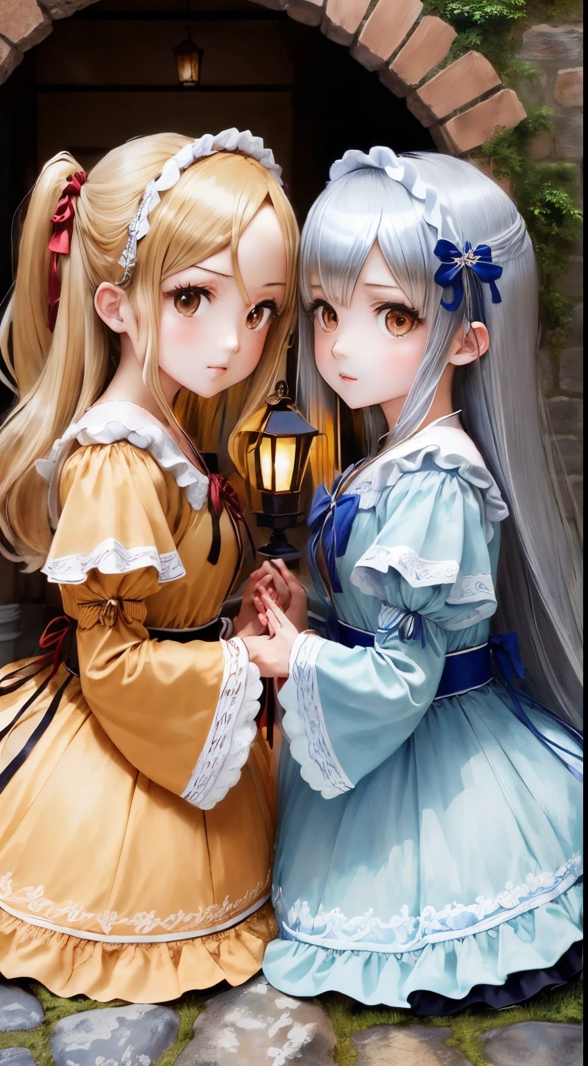 (masutepiece:1.5)。(top-quality:1.5)。ren。(face perfect:1.2)。(Perfect body:1.2)。twogirls。very beautiful girl from nordic。twinsies。Silver straight long hair。Golden eyes。see the beholder。deadpan。Cute maid outfit full of frills。Close up and face each other、put each other's palms together。(Dark interior background)。There is a small lantern on the table in the foreground.。The shadows of the two of us reflected on the stone wall behind us、Shaped like a single dragon。