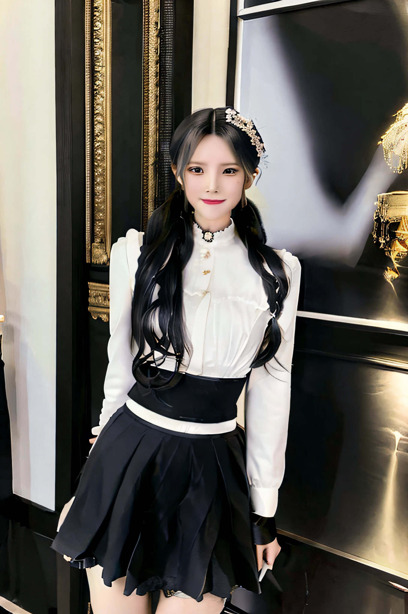 The finest details,Works of masters,Best quality,exquisite paintings,photore,1 rapariga,black hair color hair,Double ponytail hairstyle,Beautiful exquisite eyes,black gorgeous clothes,Beautiful outfit,Black silk knee socks,Small man's waist,short skirt,JK service,White and tender skin,(An arrogant smile)
