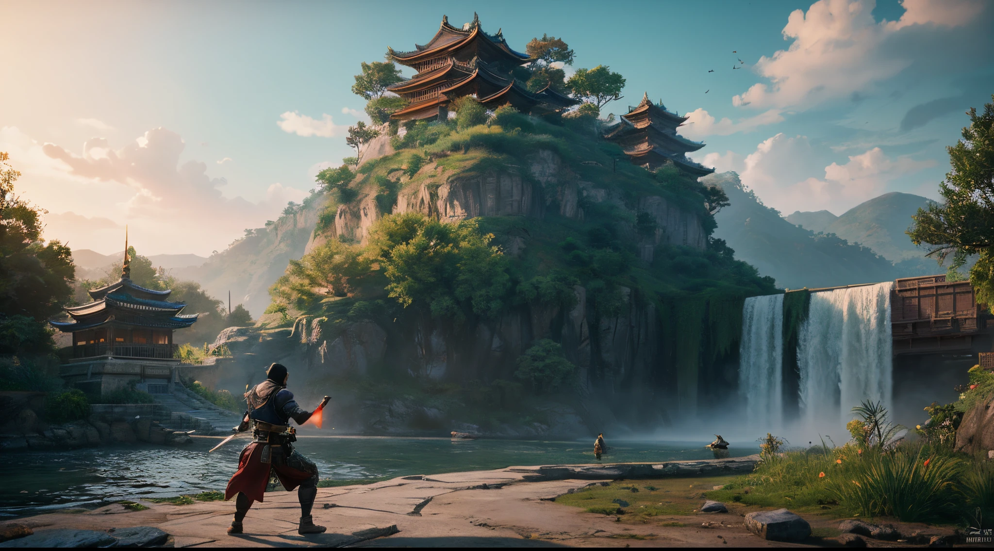 ghost of tsushima, There is an ancient road in the background, Painting of a waterfall and a building, concept art inspired by Feng Zhu, Art Station Contest Winners, concept-art, Chinese martial arts art, League of Legends concept art, inspired by noami, square enix cinematic art, highly detailed vfx, HD 4K, Sekiroyama, akihiko yoshida. unreal-engine