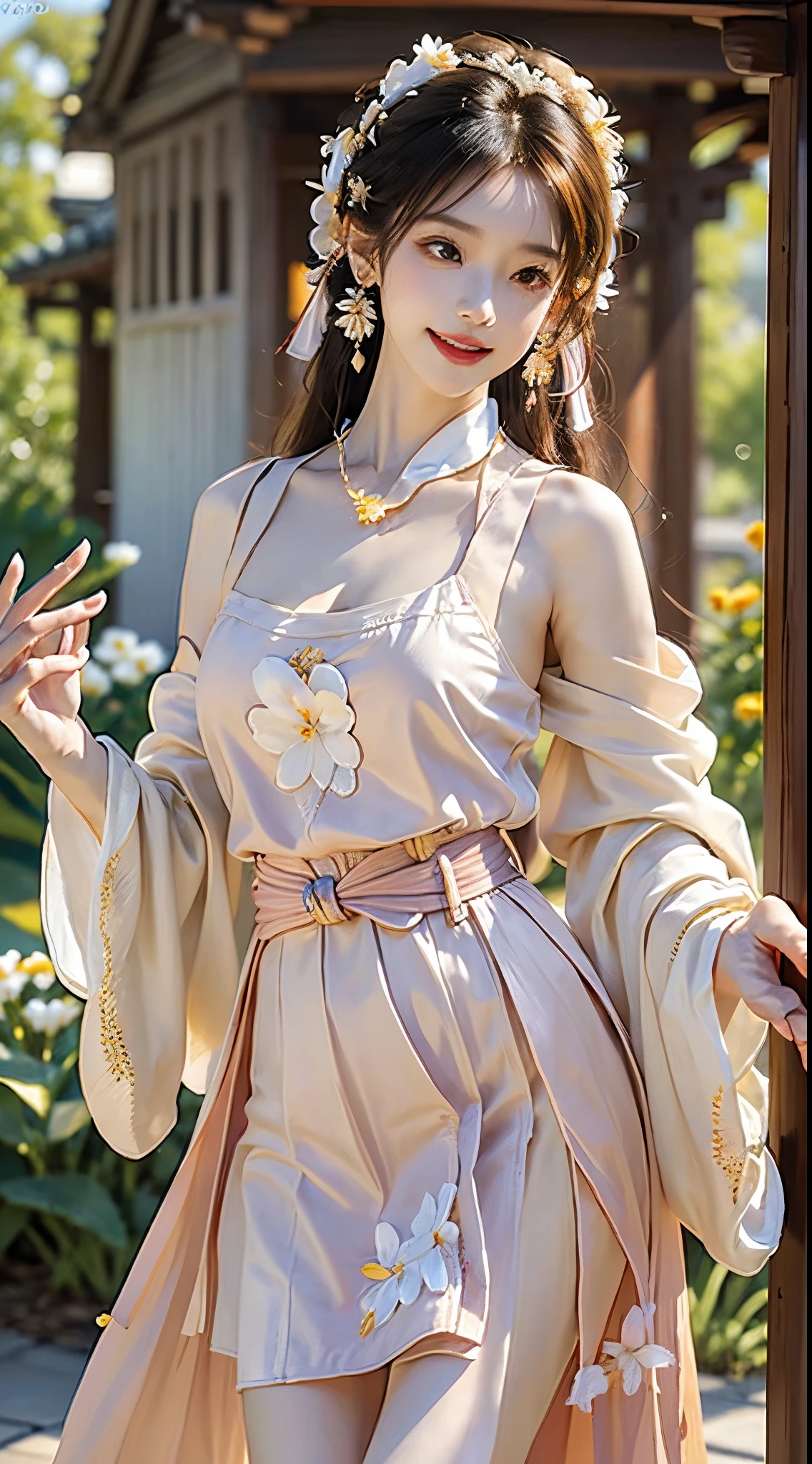((knee shot)), Shot from a random perspective, ((actual)), 1 Asian female model, A young girl, (closeup cleavage), the night, themoon, (In the gazebo, Stand up, standing on your feet, Leaning against the guardrail), Pleasing posture, Various postures attract attention, Flirting skirts, detailed scene, slender leg, curlies, hair pin, beautiful hair ornaments, Brownish-yellow hair, light make-up, blush blush, gloss on the lips, (Hanfu), ((White flower hanfu, draped in silk, DEEP-V COLLAR, high-waist, nice belt)), (white colors, Light yellow, light pink, cyan colors), ((warmly lit, Warm color palette)), (Extremely high color saturation), detailed detail, ultra - detailed, (tmasterpiece, Best quality), (An extremely delicate and beautiful work), elaborate earrings, delicatenecklace, simple blurr background, Extremely detailed description, Ultra-fine painting, s delicate face, slim toned body, Slimming the waist, (happy grin), (Anatomical correct)