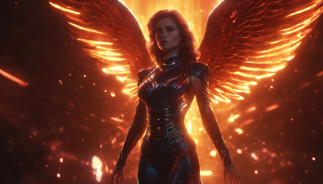 (1980s anime), Cosmic female Fallen Angel, glowing light eyes, Biomechanical, eerie, Creepy, nightmarish, Very bright colors, Light particles, with light glowing, Mshiff, wallpaper art, UHD wallpaper