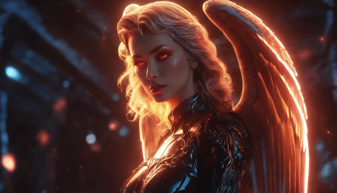 (1980s anime), Cosmic female Fallen Angel, glowing light eyes, Biomechanical, eerie, Creepy, nightmarish, Very bright colors, Light particles, with light glowing, Mshiff, wallpaper art, UHD wallpaper