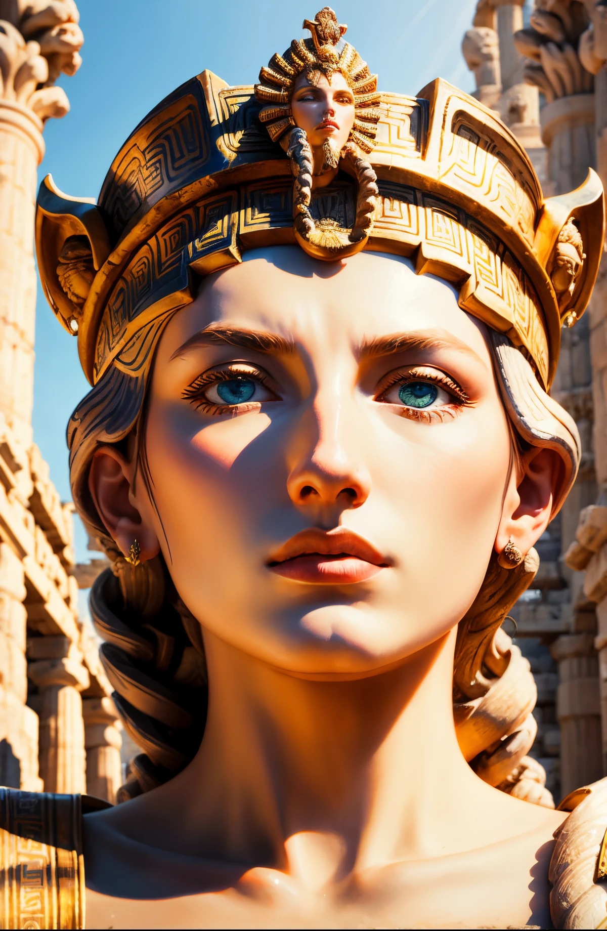 ultra-realistic photograp,waist up portrait of Goddess Athena hybrid Medusa have the same body but two faces. Athena's face is gentle and kind, but Medusa's face is fierce and angry., wearing ancient greek costume, There is a cathedral in Greek times as the background, frontal photo portrait photograph