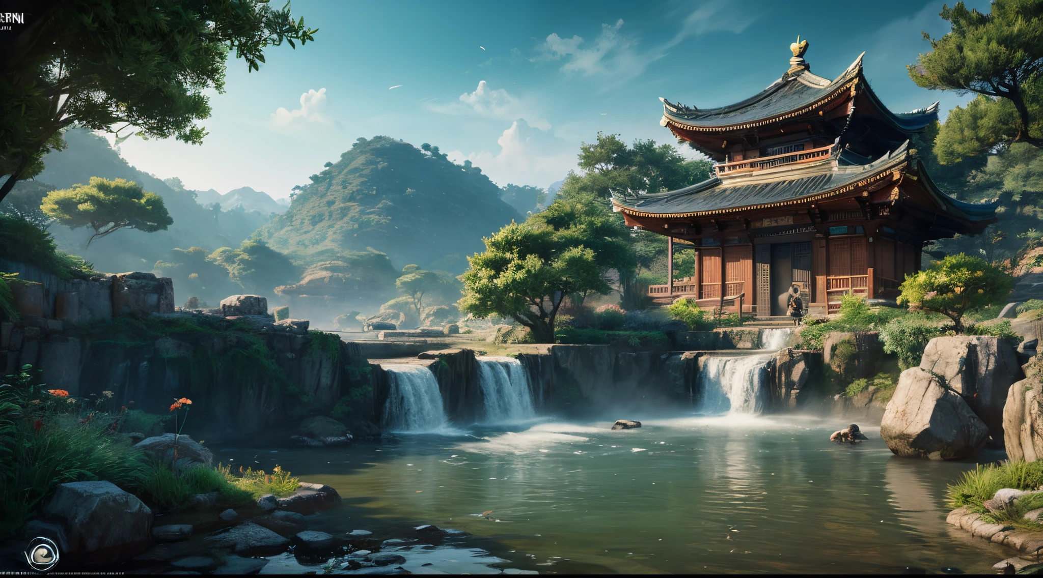 ghost of tsushima, There is an ancient road in the background, Painting of a waterfall and a building, concept art inspired by Feng Zhu, Art Station Contest Winners, concept-art, Chinese martial arts art, League of Legends concept art, inspired by noami, square enix cinematic art, highly detailed vfx, HD 4K, Sekiroyama, akihiko yoshida. unreal-engine