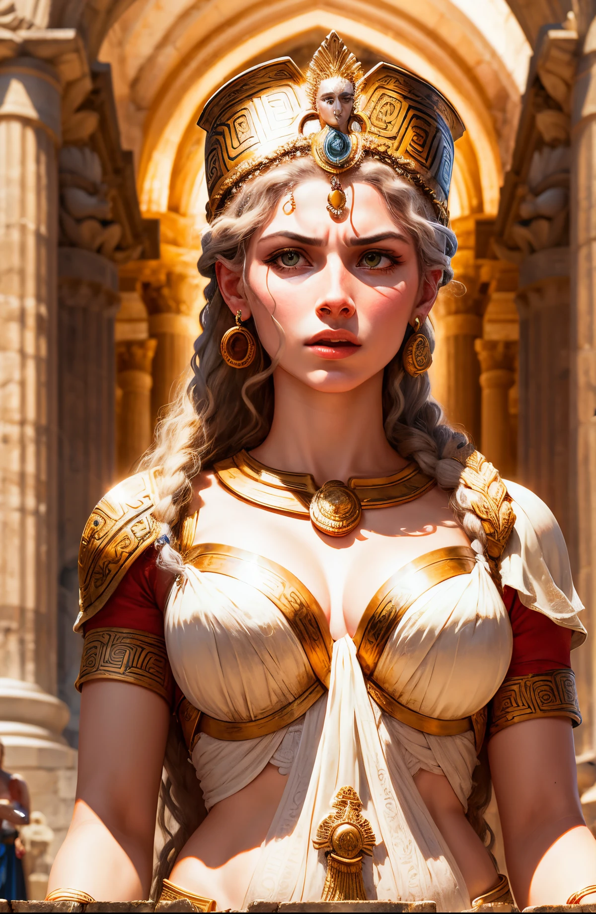 Waist up photo. Realistic photo of a unique Goddess Hera (solitary), (Beautiful woman), (looking at camera), (European woman, 35 years old), (little smile), (great stature and presence), (noble posture), (bright eyes), gorgeous goddess, deity, (golden hair), (braided hair), (long golden hair), (long white robe with deep neckline), (shield on her arm ), (An owl perches on his shoulder), ((masterpiece)). Professional photo, waist up photo, ultra sharp focus on the woman. RAW analog photography, 80mm f2.8 lens, sunny day lighting, inside Greek Olympus temple backdrop, masterpiece, best quality, ultra detailed, 8k, intricate details, minute details, details depiction, realistics details, --ar 4:3 -imagine --lora --lyriel --semi-realistic
