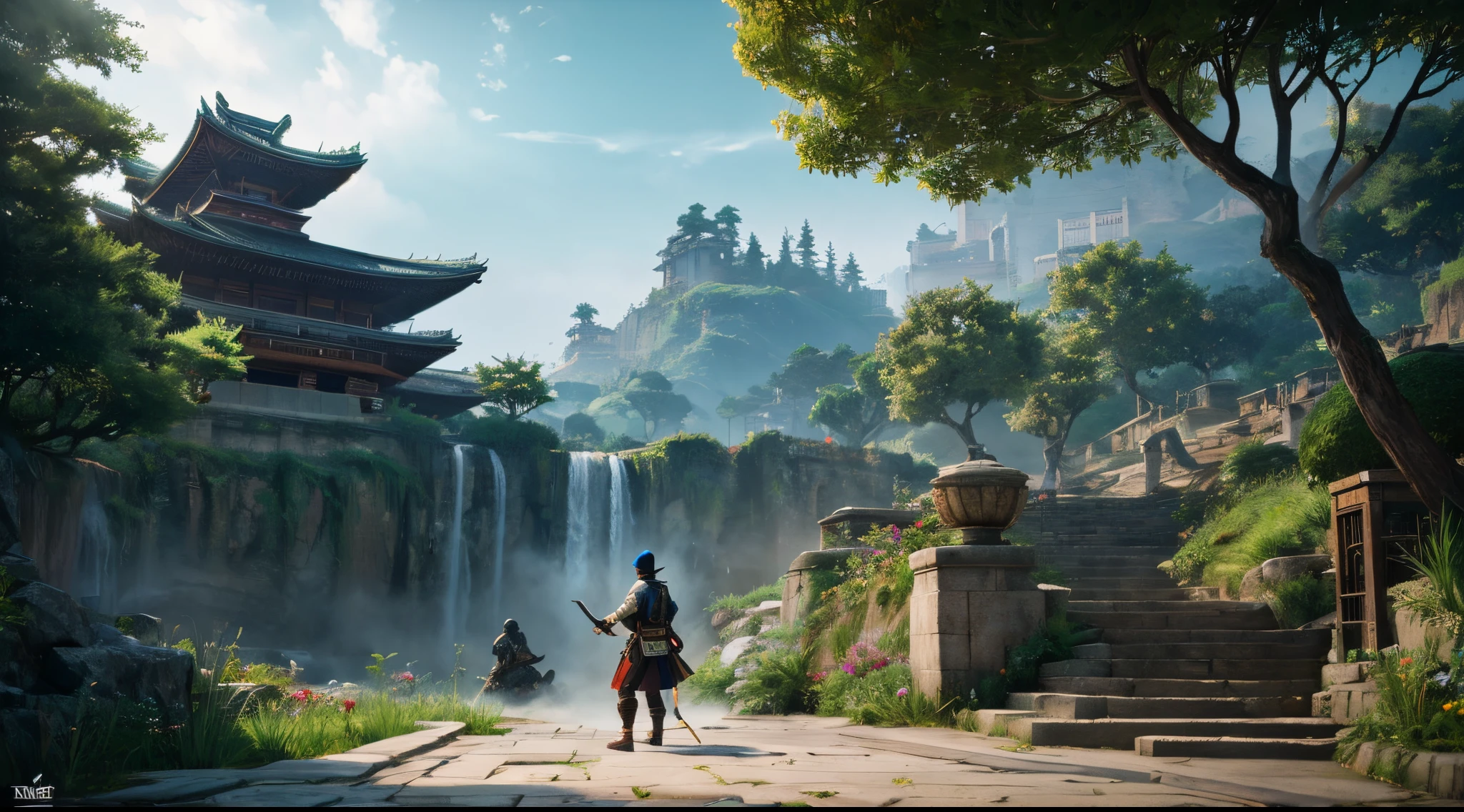 ghost of tsushima, There is an ancient road in the background, Painting of a waterfall and a building, concept art inspired by Feng Zhu, Art Station Contest Winners, concept-art, Chinese martial arts art, League of Legends concept art, inspired by noami, square enix cinematic art, highly detailed vfx, HD 4K, Sekiroyama, akihiko yoshida. unreal-engine