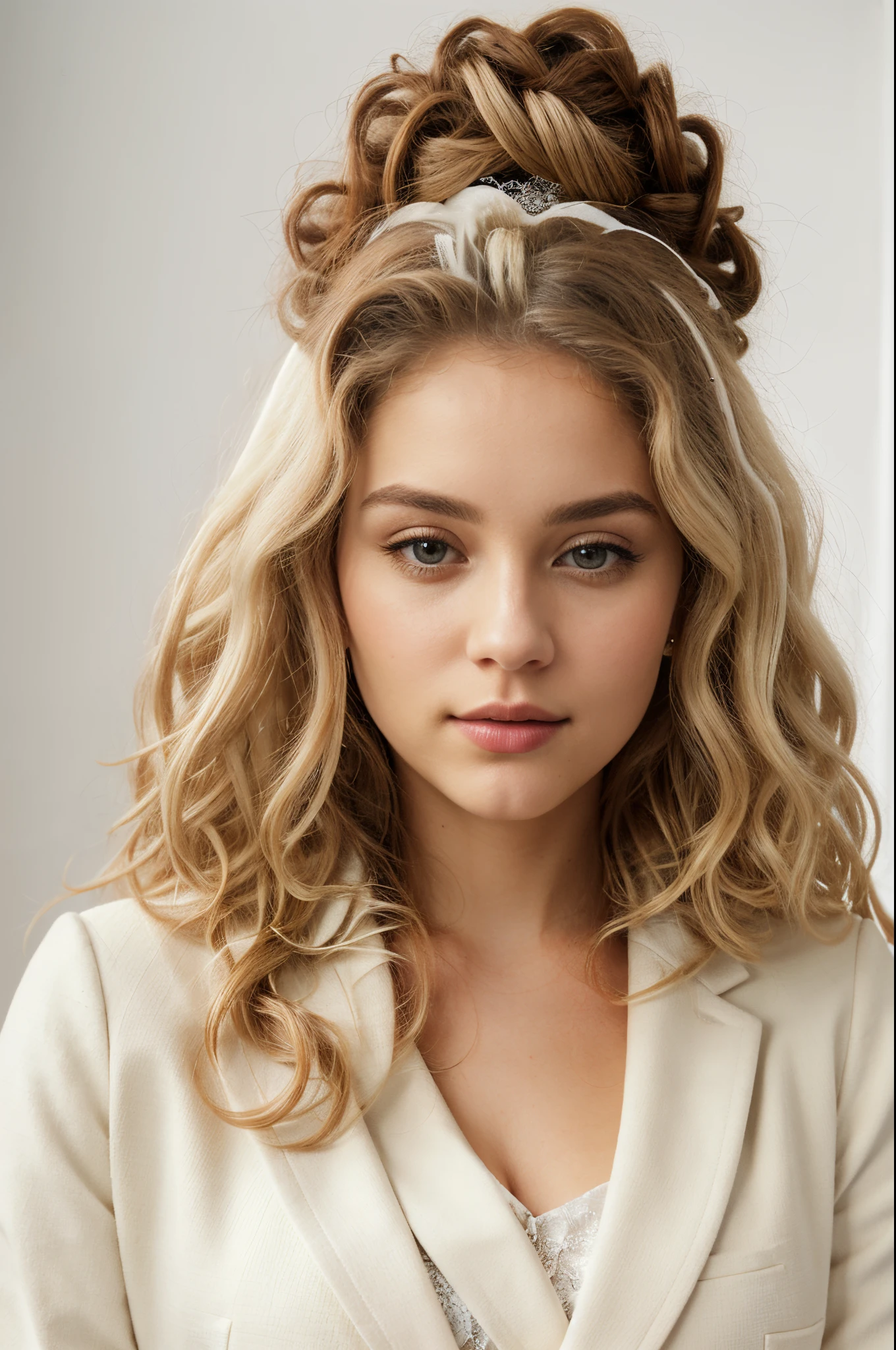 It generates an image from afar of a beautiful, elegant and sophisticated young woman. She's young, she's 28 years old. It's winter and cold. White and beige decorations. The woman has SPIRAL CURLY HAIR with well-defined curls all black. She's wearing a white blouse, a beige blazer. White background. must have her mouth shut. Your hand should be realistic human. Well-groomed and realistic hands. Photo and blur in 8k quality. Perfect eyes.
