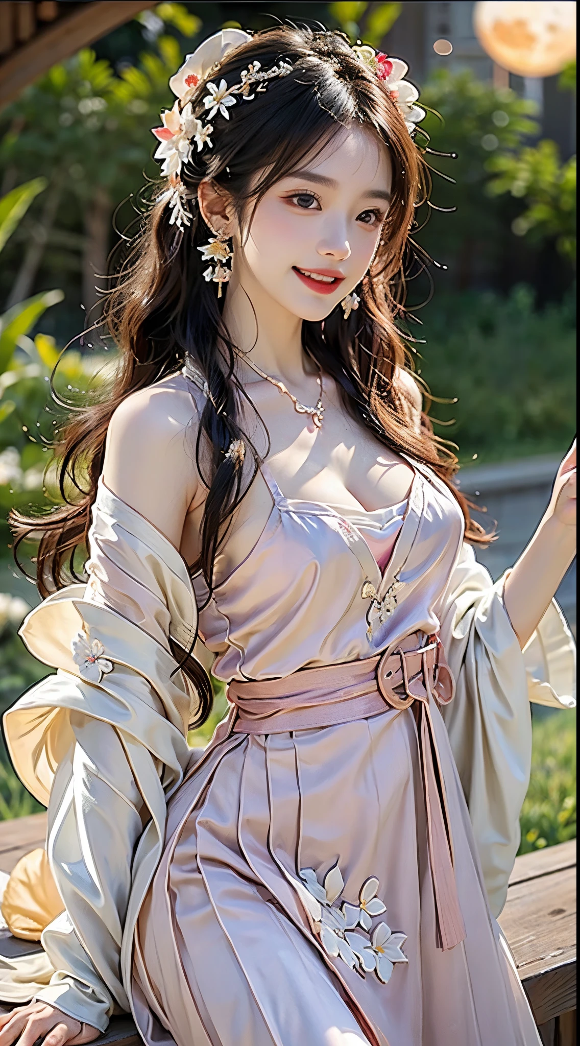 ((knee shot)), Shot from a random perspective, ((actual)), 1 Asian female model, A young girl, (closeup cleavage), the night, themoon, (In the gazebo, Leaning against the guardrail), Pleasing posture, Various postures attract attention, Flirting skirts, detailed scene, slender leg, curlies, hair pin, beautiful hair ornaments, Brownish-yellow hair, light make-up, blush blush, gloss on the lips, (Hanfu), ((White flower hanfu, draped in silk, DEEP-V COLLAR, high-waist, nice belt)), (white colors, Light yellow, light pink, cyan colors), ((warmly lit, Warm color palette)), (Extremely high color saturation), detailed detail, ultra - detailed, (tmasterpiece, Best quality), (An extremely delicate and beautiful work), elaborate earrings, delicatenecklace, simple blurr background, Extremely detailed description, Ultra-fine painting, s delicate face, slim toned body, Slimming the waist, (happy grin), (Anatomical correct)