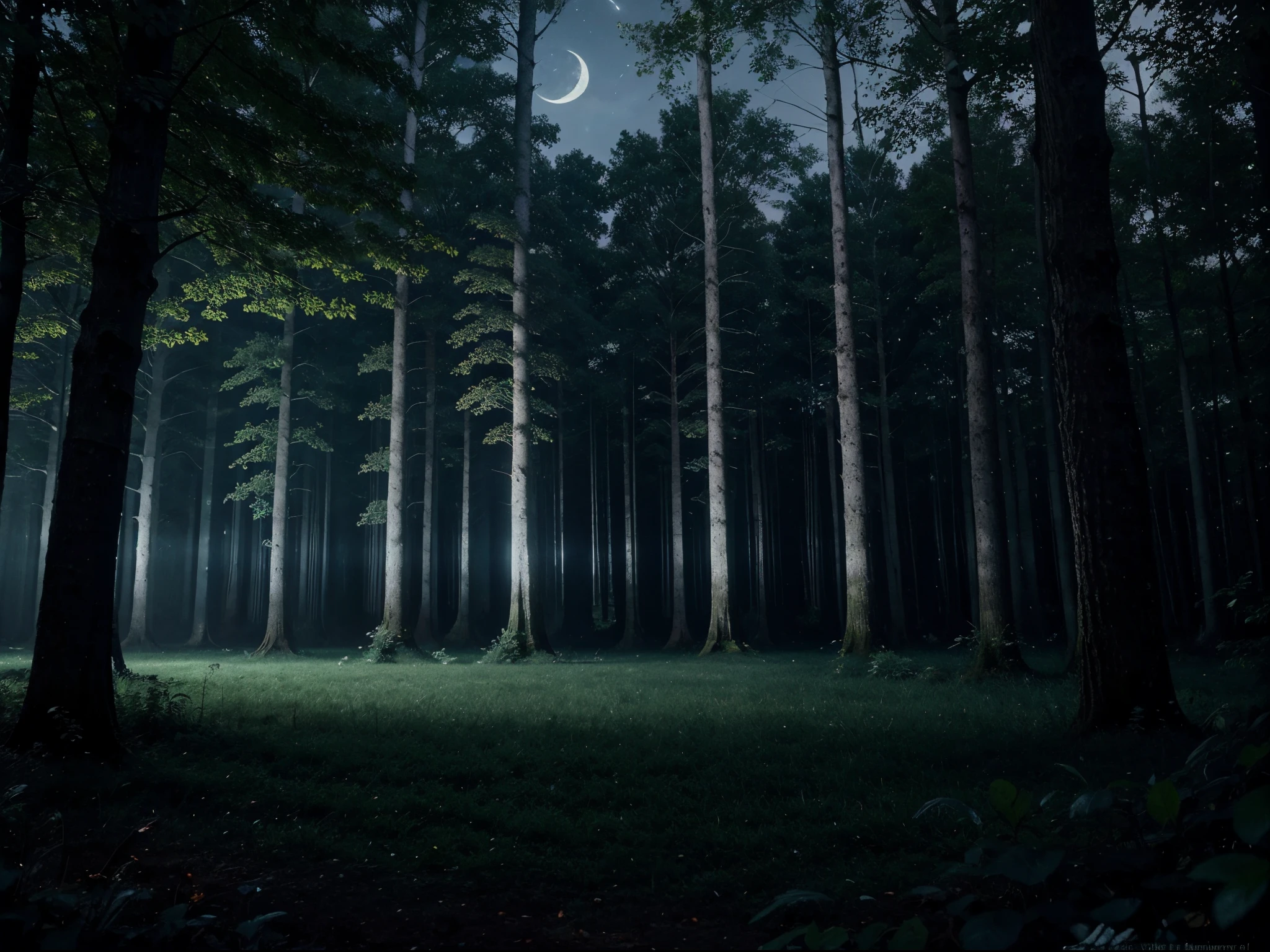 A midnight blue sky engulfs the tranquil setting, casting a serene atmosphere over the scene. The primary subject is a breathtaking painting, depicting a moonlit forest. The artist skillfully captures the ethereal beauty of the night, layering shades of indigo, cobalt, and ink-black to create a captivating depth. The moon's soft glow delicately illuminates the towering trees, casting elongated shadows on the lush foliage below. The image emanates a sense of stillness and mystery, inviting viewers to get lost in the enchanting nocturnal realm it portrays.