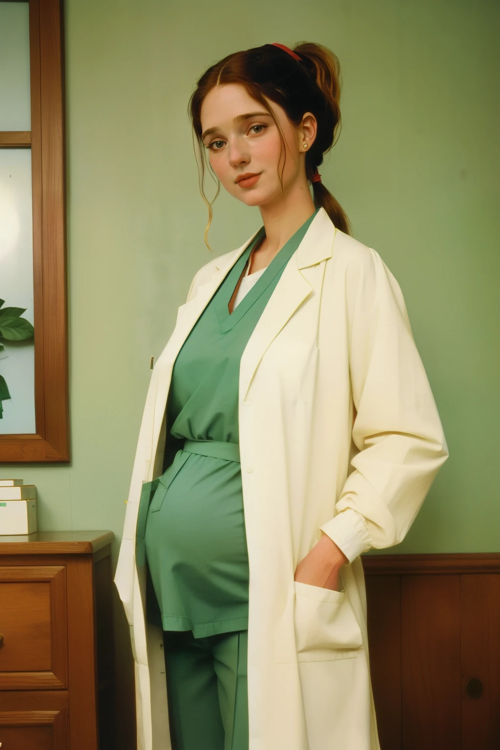 1997, Berkshire County, Massachusetts. Pre-raphaelite (((35-year-old woman))), blonde, pregnant, sanitarian, happy expression, shy smile, rustic clinic, ((((scrubs uniform from the 1990s)))), ((short ponytail, Hairstyle of the 1990s)), ((Wes Anderson cinematic style)), colorful