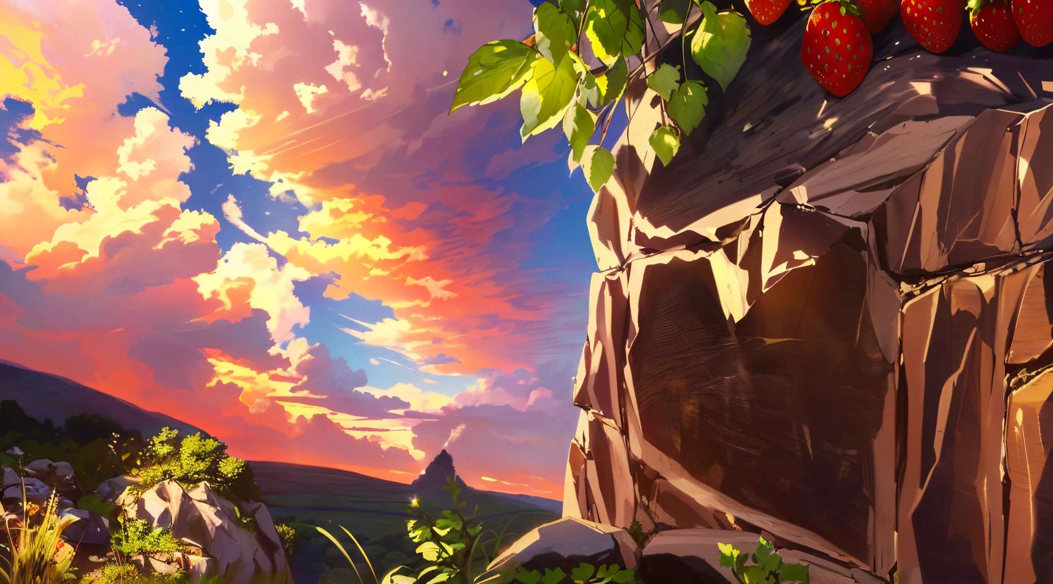 (best quality, highres, ultra-detailed), close-up of a rock wall, plants, strawberries, hanging, trees, fields, cloudy blue skies. perfect animation, perfect lighting detail