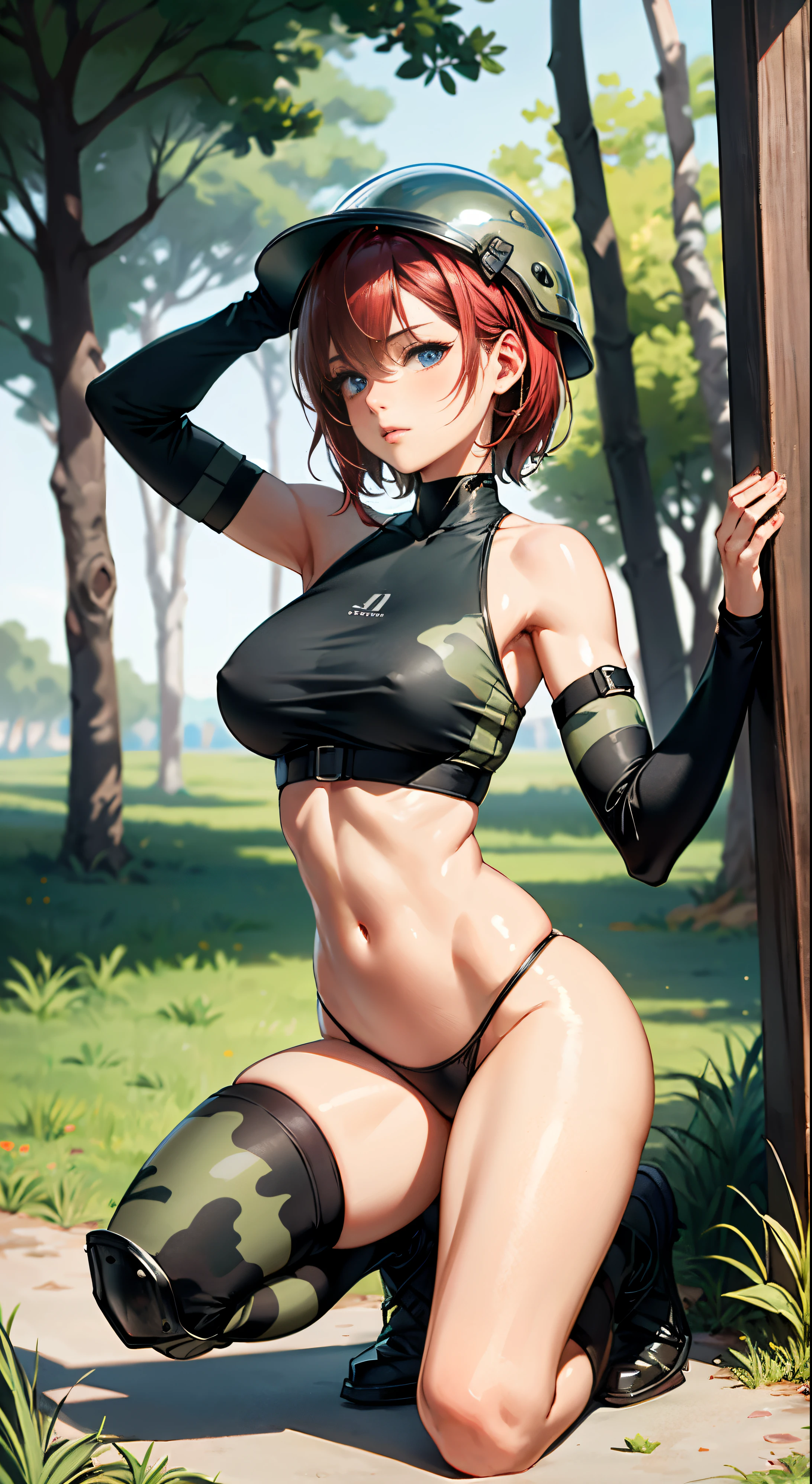 1woman 20 years old, max resolution, sculpted, military, wearing a kevlar helmet, beautiful, perfect body, red hair, blue eyes, perfect body, thin waist, wide hips, large breasts, slim thighs, jungle background, armored vehicle, military robot dog, camouflaged uniform, tight panties, digital camo, two-piece, highly detailed, high resolution, perfect hands, side view, camo, face fully turned to the side to look at the viewer, turn her head to look at the viewer, genuflection kneeling, one knee on ground, one knee up, bare shoulders