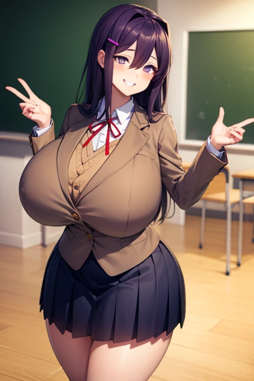 ddlcyuri, ddlcyuri, hair ornament, hairclip, long hair, (purple eyes:1.1), purple hair, grin, smile, hair over eyes,
BREAK blazer, blouse, blue skirt, jacket, (brown jacket:1.5), miniskirt, neck ribbon, ribbon, school uniform, shirt, skirt, white shirt, wing collar,
BREAK looking at viewer,
BREAK indoors, classroom,
BREAK (masterpiece:1.2), best quality, high resolution, unity 8k wallpaper, (illustration:0.8), (beautiful detailed eyes:1.6), extremely detailed face, perfect lighting, extremely detailed CG, (perfect hands, perfect anatomy), (huge breasts:1.6), (wide hips: 1.5), (thick thighs: 1.6)