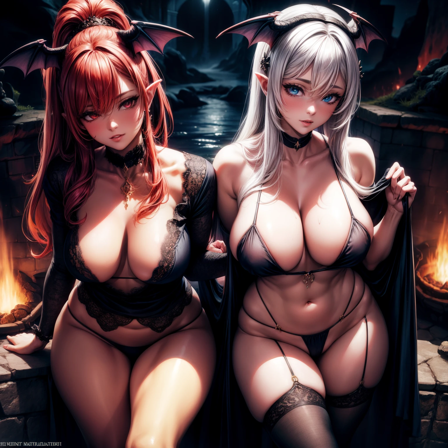 （8K ，hyper-detailing，ultra real photo，Best masterpiece，natural，Perfect artwork，Perfect female body），Two cute busty girls ，Hair color，（large tities），Hell succubus，，Flirtatious，In the dark and glorious palace，Volcanic lava and bone decoration，cruel hell，bloody river，Wearing black glamorous pajamas，Sexy tight see-through pajamas，ssee-through，Built-in thong，The cracks are relatively large，stretch the meat，Raised sexy，Flirtatious，obscene exposure ，fully body photo