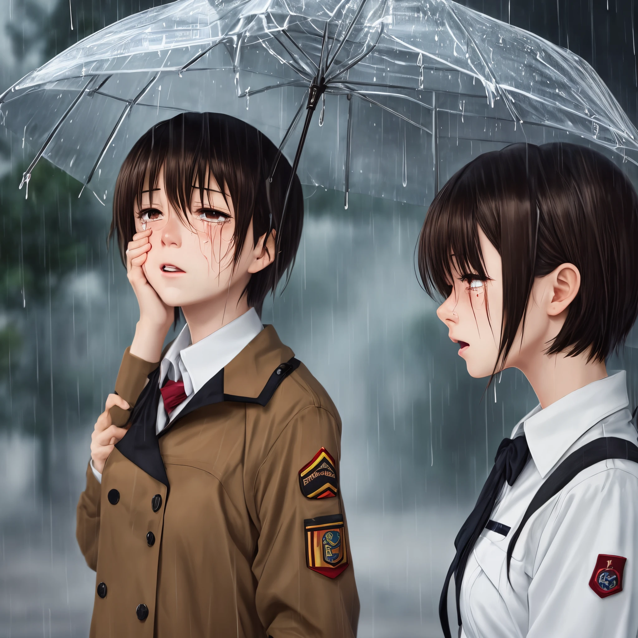 Anime girl with short brown hair, wearing a uniform, crying under the rain.