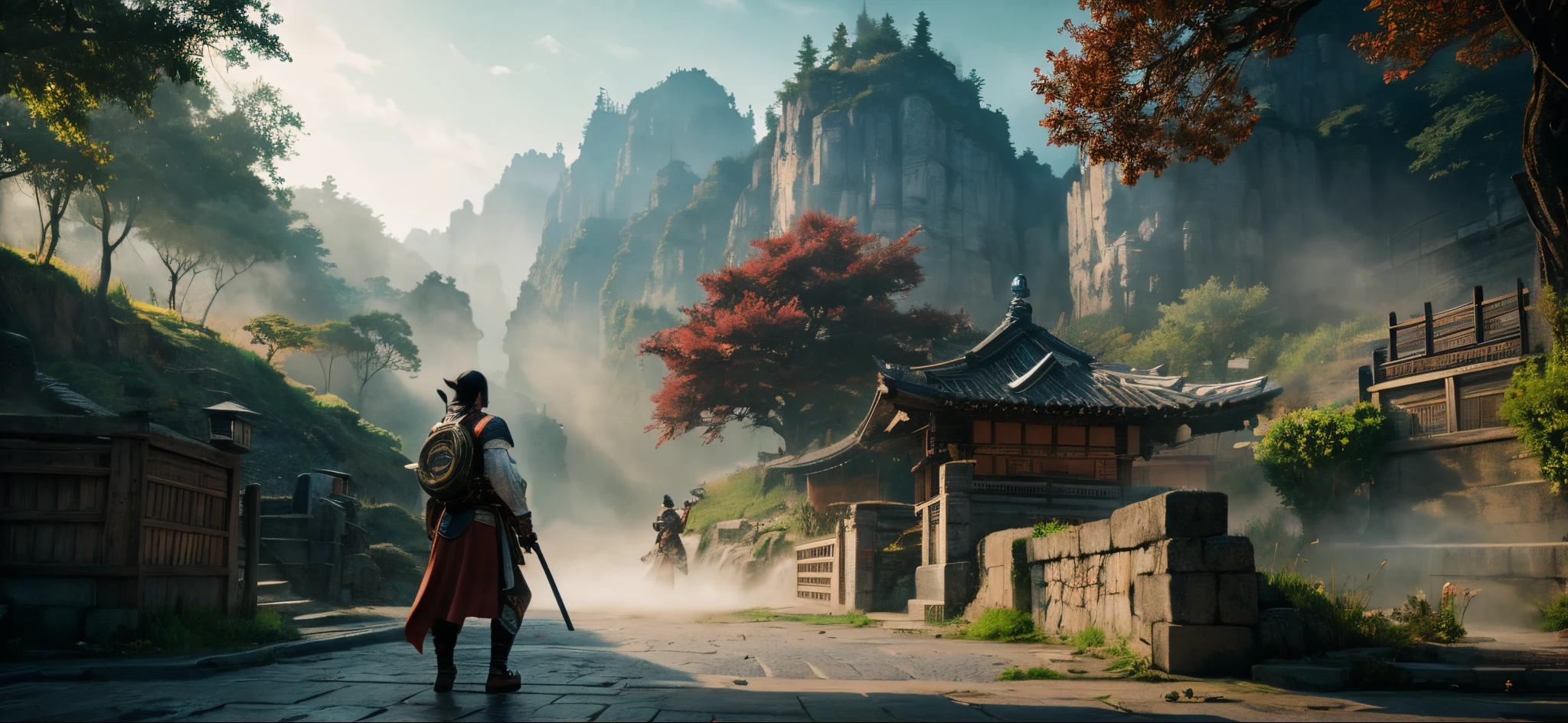ghost of tsushima, There is an ancient road in the background, Paintings of waterfalls and buildings, concept art inspired by Feng Zhu, Art Station Contest Winners, concept-art, Chinese martial arts, League of Legends concept art, inspired by noami, square enix cinematic art, highly detailed vfx, HD 4K, Guanshan, akihiko yoshida. unreal-engine