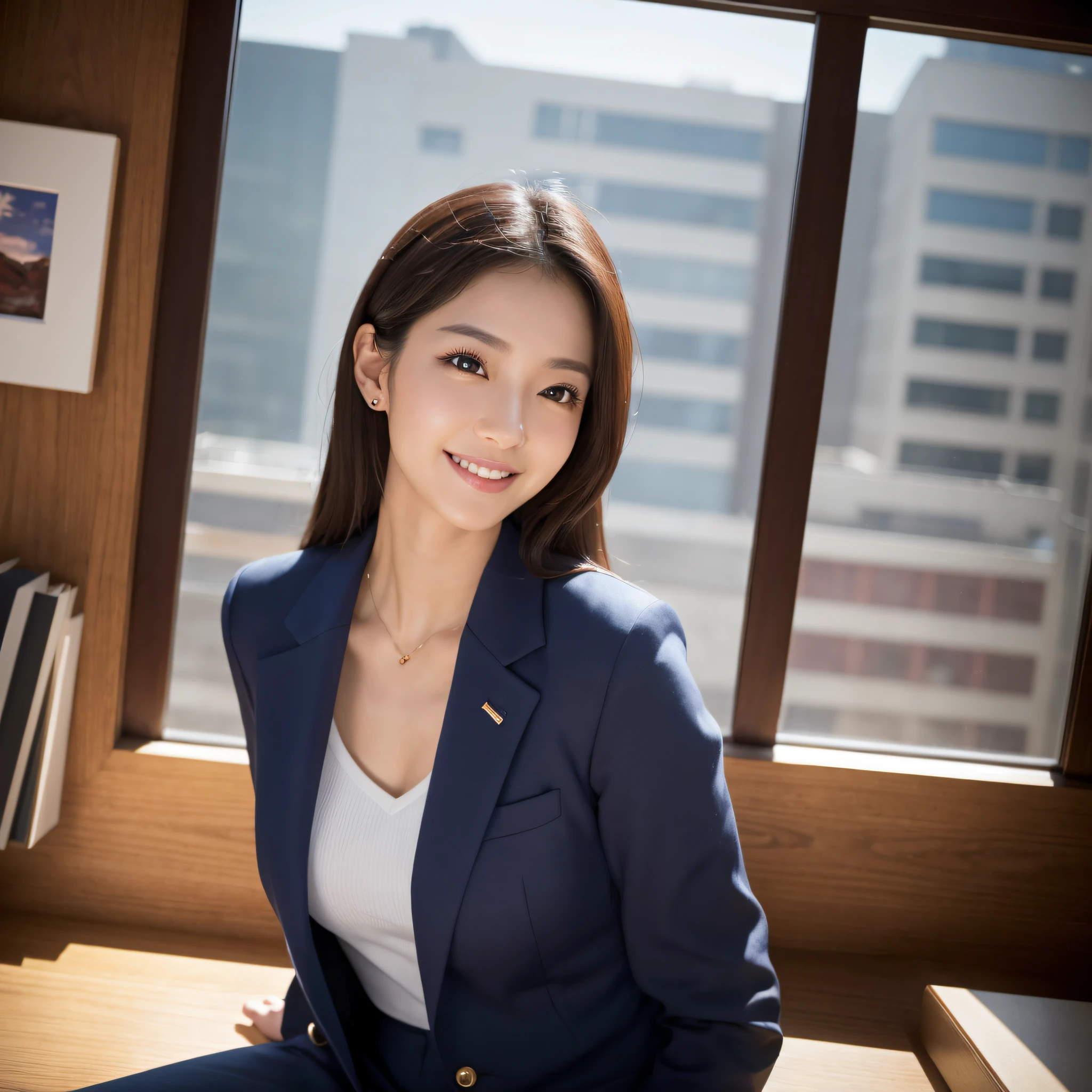 One super beautiful woman、((best qualtiy、8k masterpieces:1.3))、foco nítido:1.2、(ultra beautiful faces:1.0)、(shinny skin:1.0)、photos realistic、A dark-haired、Video Lighting、High-definition eyes and face、Japan Idol Actress、from the front side、medium breasts、Smile、Slender Abs Beauty、Whole body、wears a suit、wearing a shirts、In the office