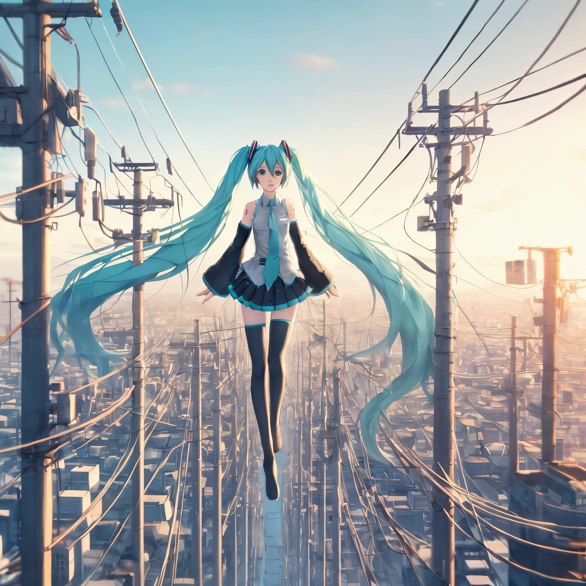miku hatsune, utility pole, levitation