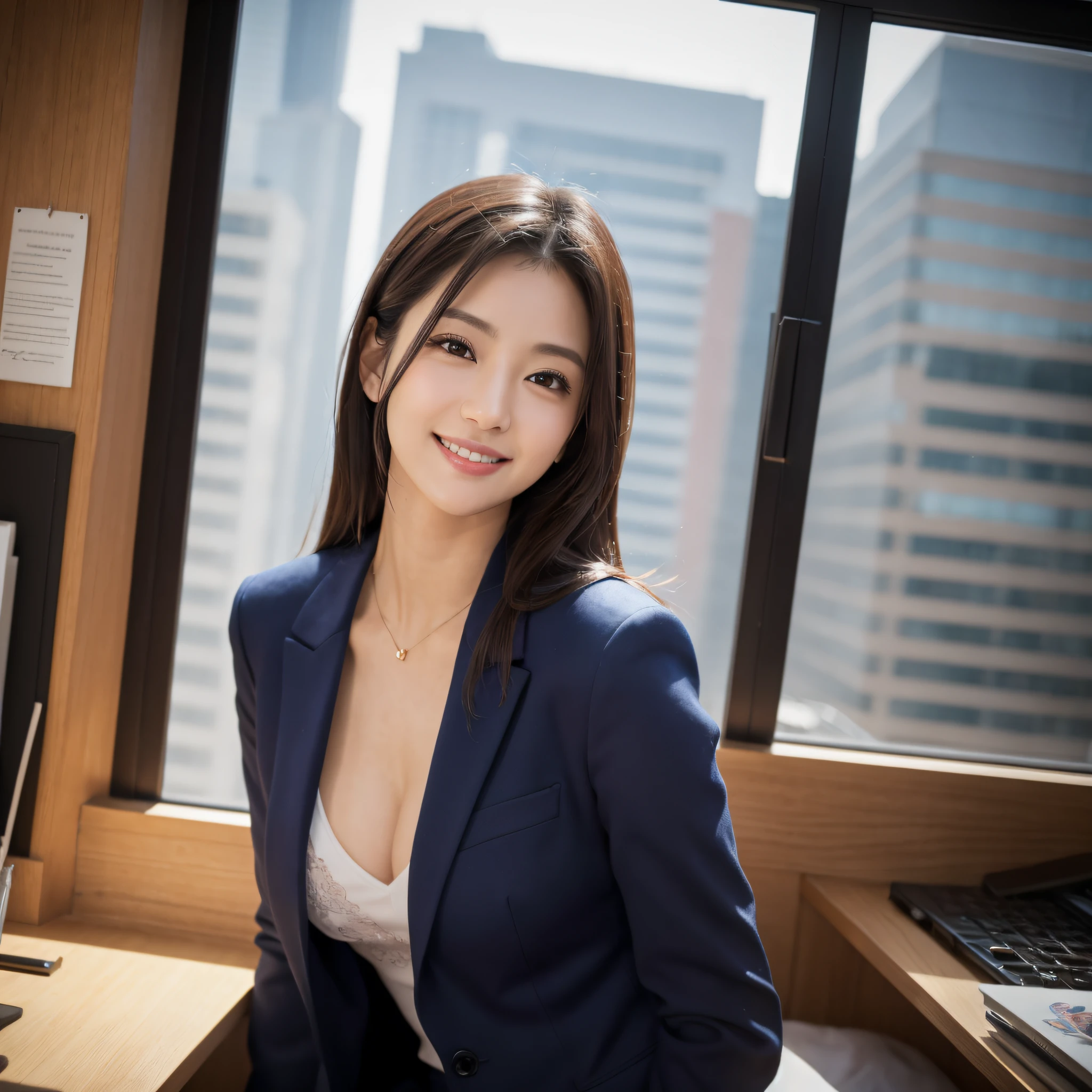 One super beautiful woman、((best qualtiy、8k masterpieces:1.3))、foco nítido:1.2、(ultra beautiful faces:1.0)、(shinny skin:1.0)、photos realistic、A dark-haired、Video Lighting、High-definition eyes and face、Japan Idol Actress、from the front side、medium breasts、Smile、Slender Abs Beauty、Whole body、wears a suit、wearing a shirts、In the office