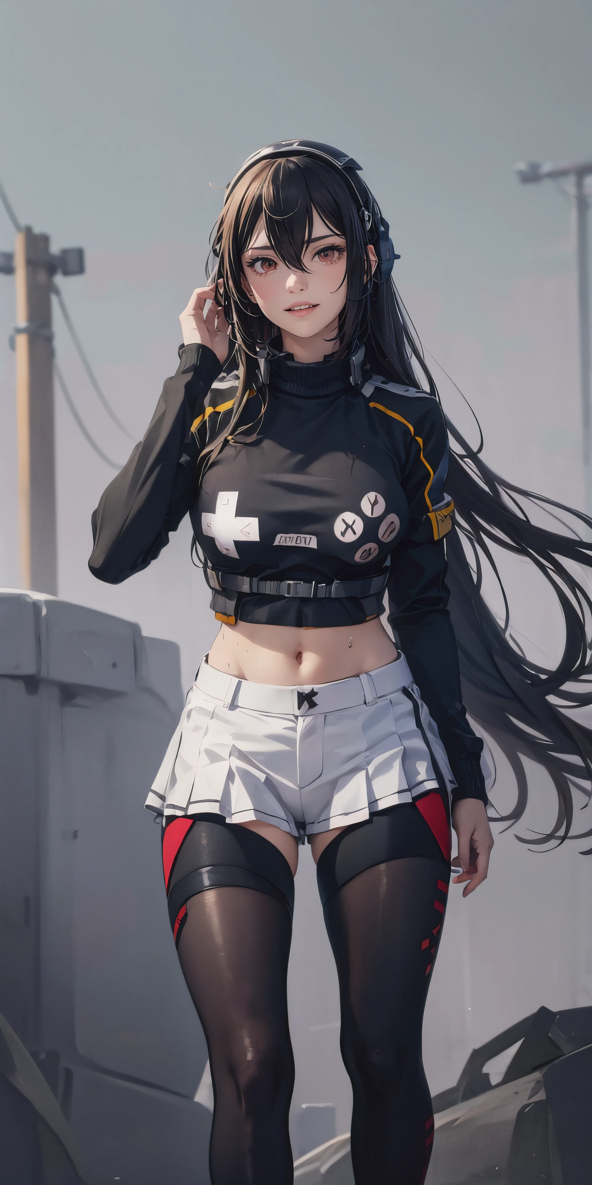 anatomically correct, best quality, masterpiece, high quality, high details, highres, HD, (shaded face:1.2), hollow eyes, red eyes, looking at viewer, heavy breathing, smirk, upper teeth, black hair, long hair, game controller print, black shirt, black sweater, sweating, wet, a drawing of a woman with headphones on, by Shitao, pixiv contest winner, digital art, white uniform, fully clothed. painting of sexy, anime girl with long hair, 4k high res